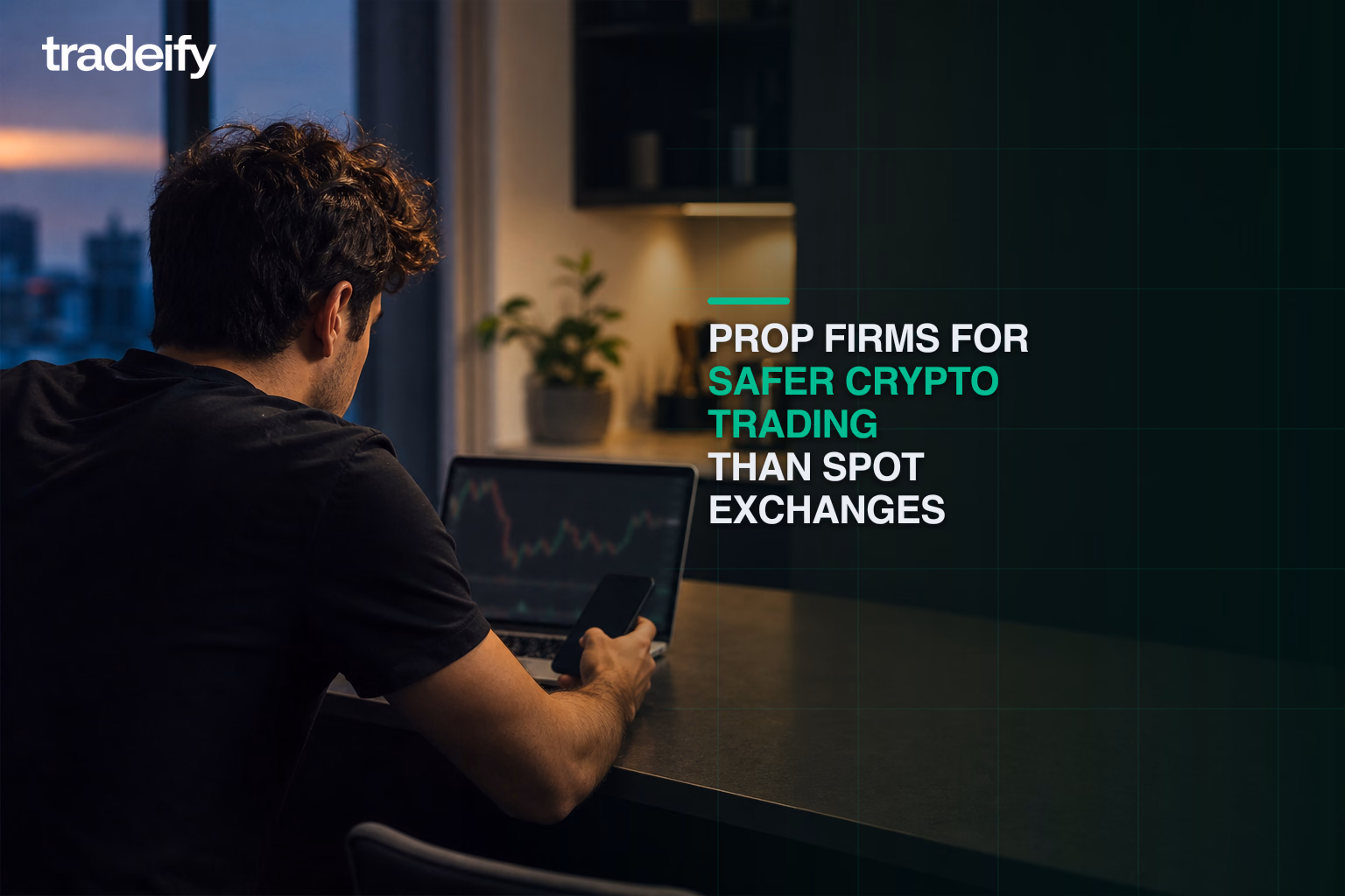 Young trader reviewing crypto futures from a lived-in apartment while keeping personal savings separate from trading risk