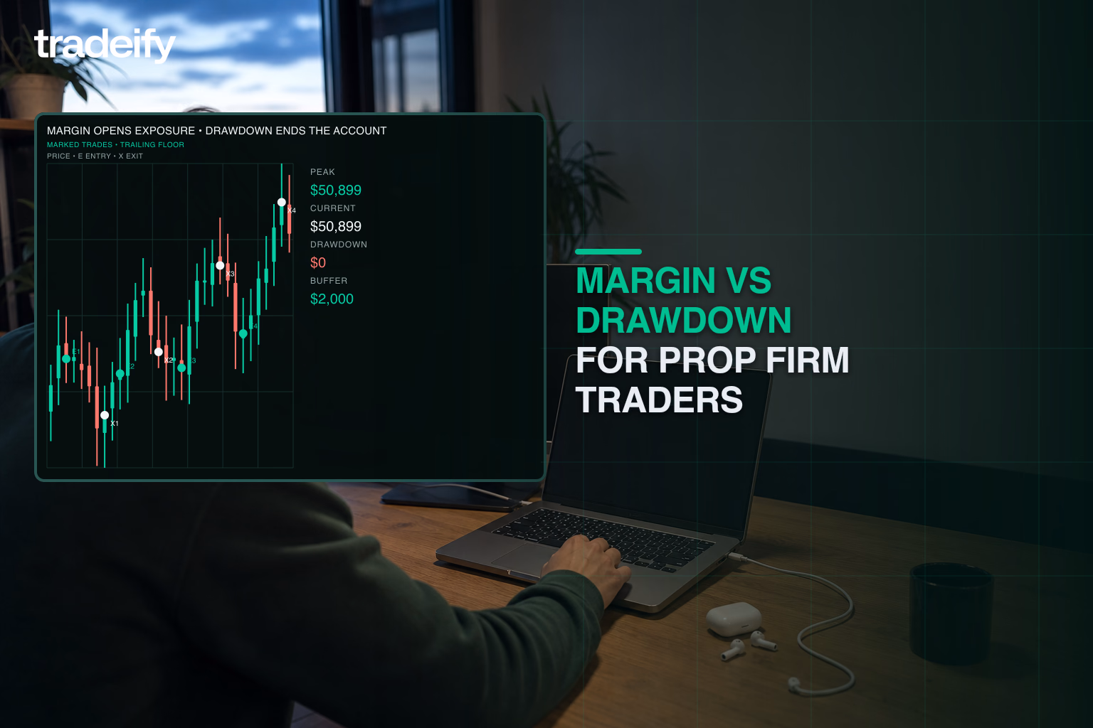 Young prop firm trader comparing futures margin with a verified drawdown loss floor