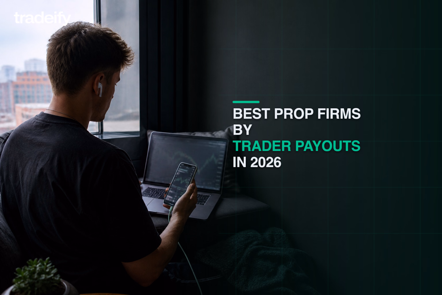 Young futures trader comparing prop-firm payout evidence from a compact apartment window seat