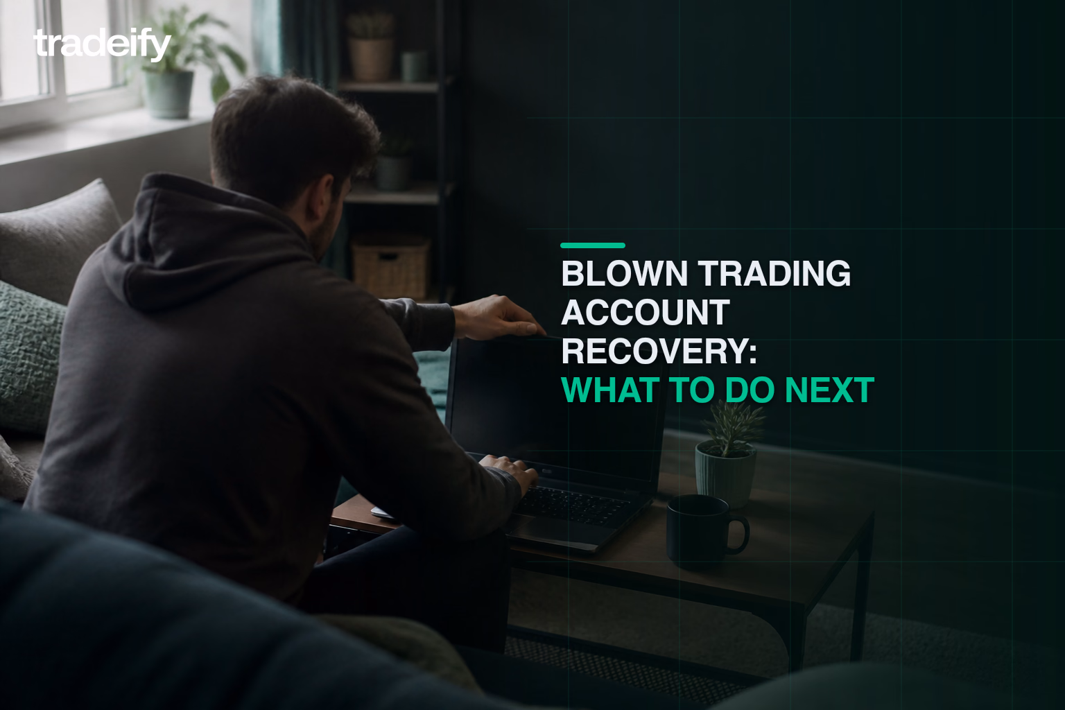 Trader deliberately closing a blank-screen laptop and stepping away after a blown trading account