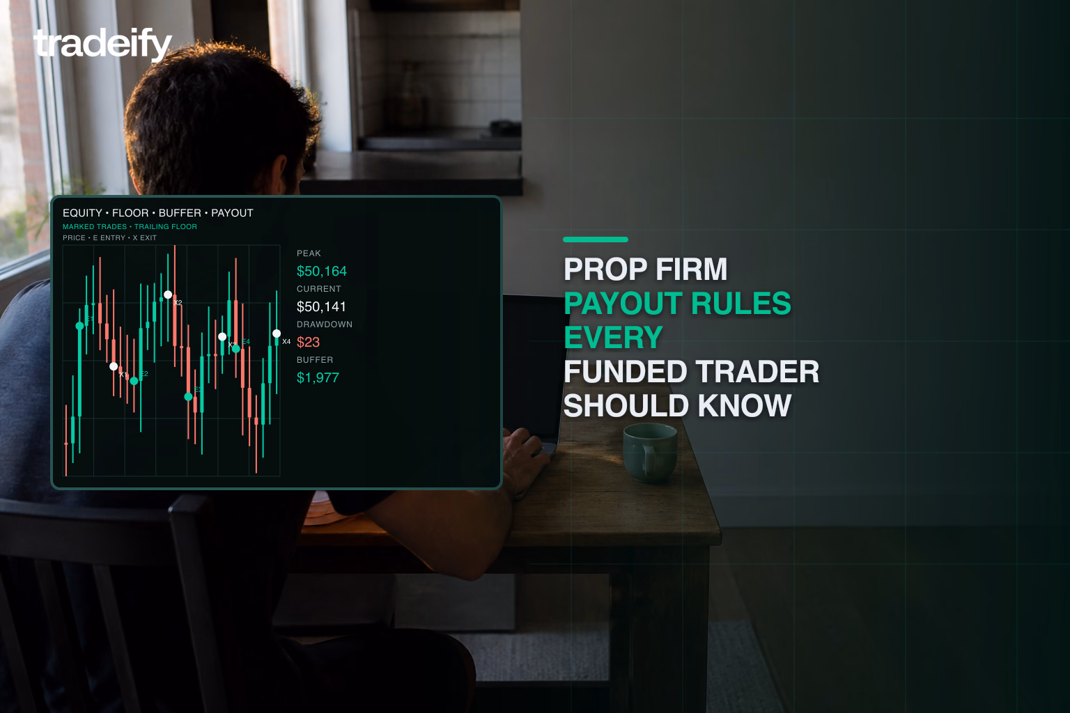 Funded trader reviewing a verified payout-readiness chart from a compact apartment dining table