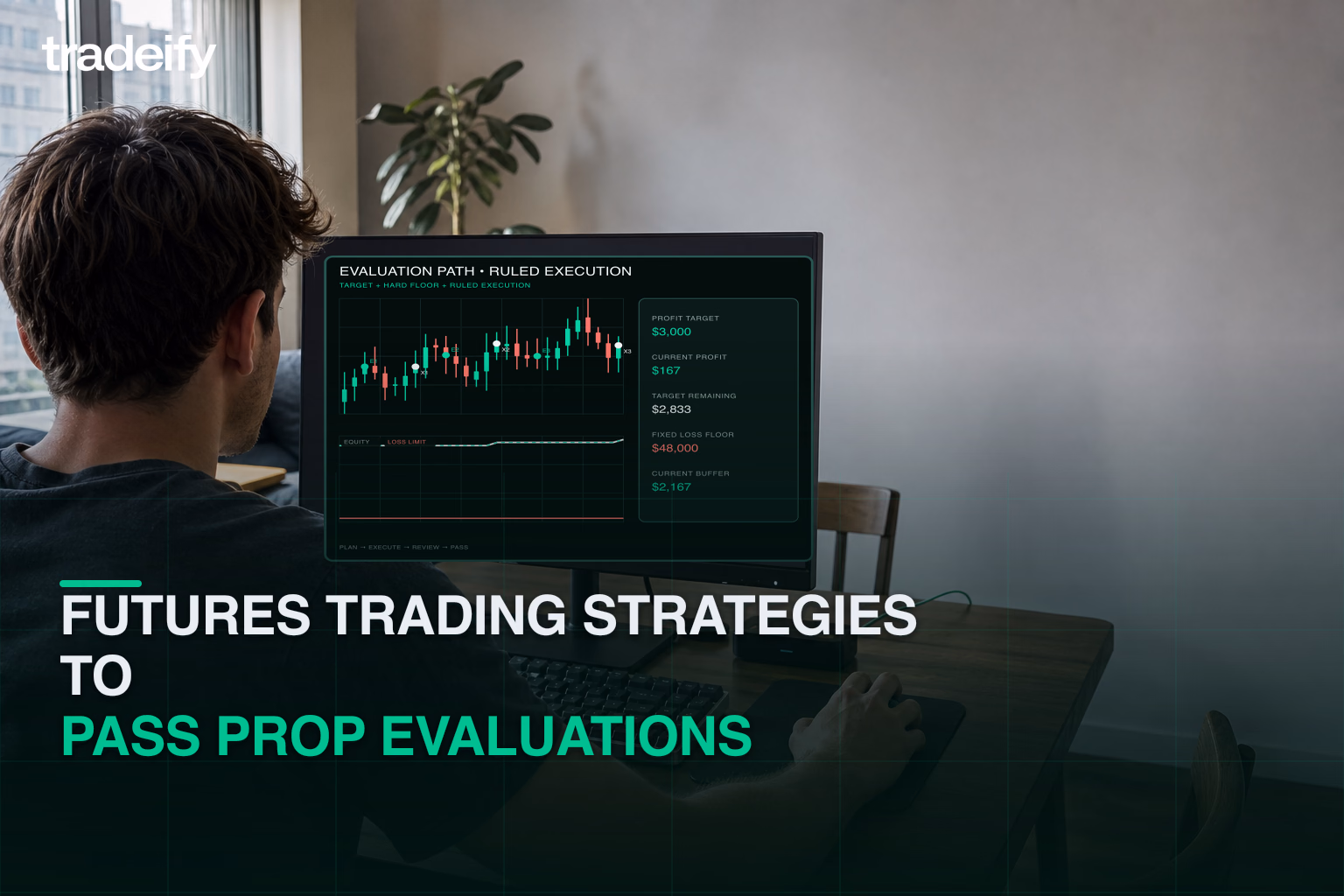 Trader following a validated futures evaluation path with marked entries, exits, profit target, and fixed loss floor
