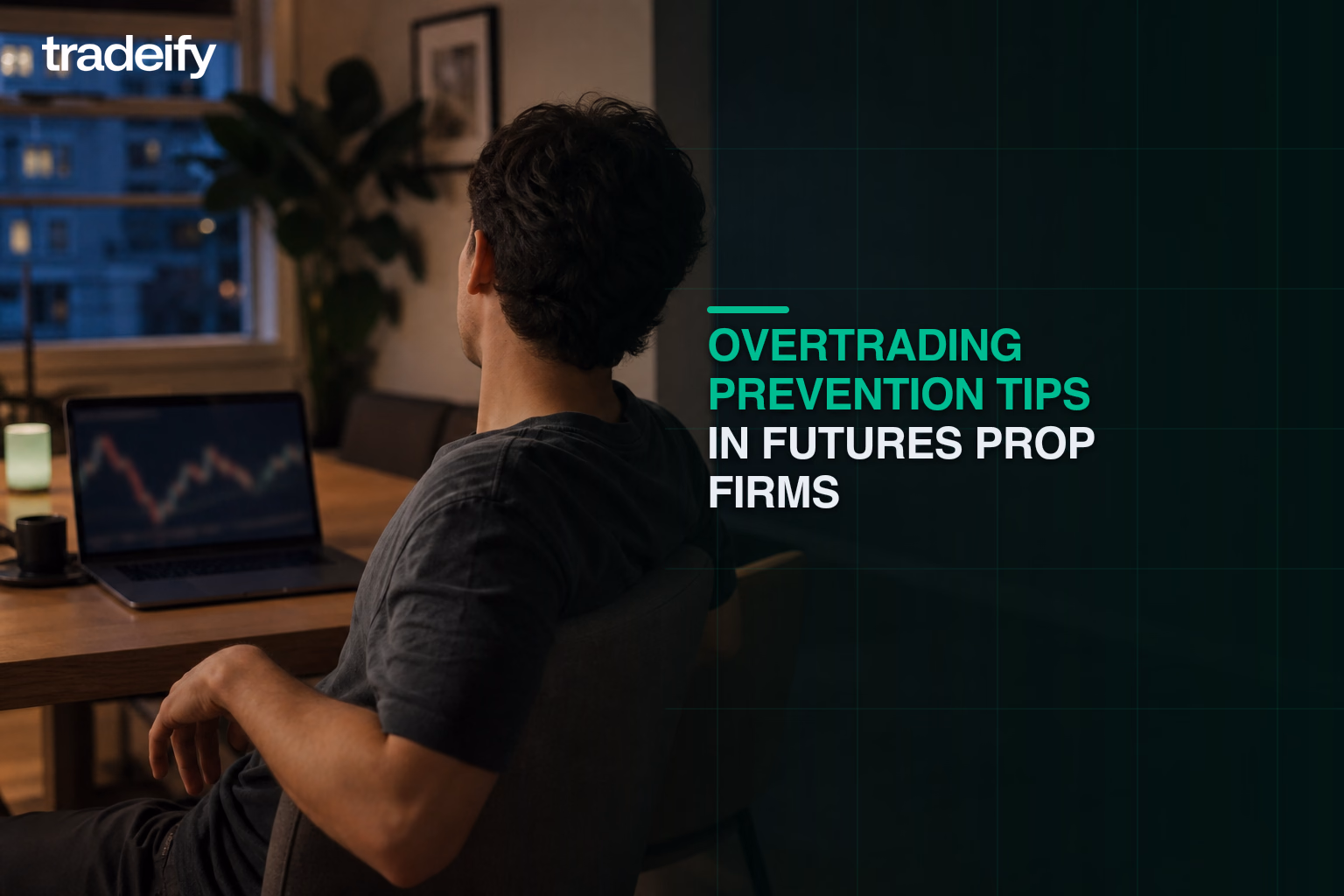 Young futures trader stepping away from a laptop to interrupt an impulsive trading cycle