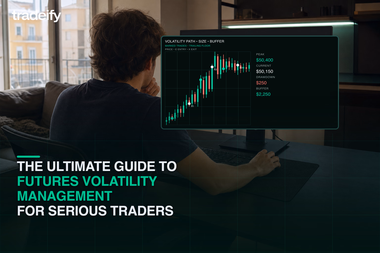 Serious futures trader reviewing a validated volatility path, marked trades, drawdown, and remaining risk buffer