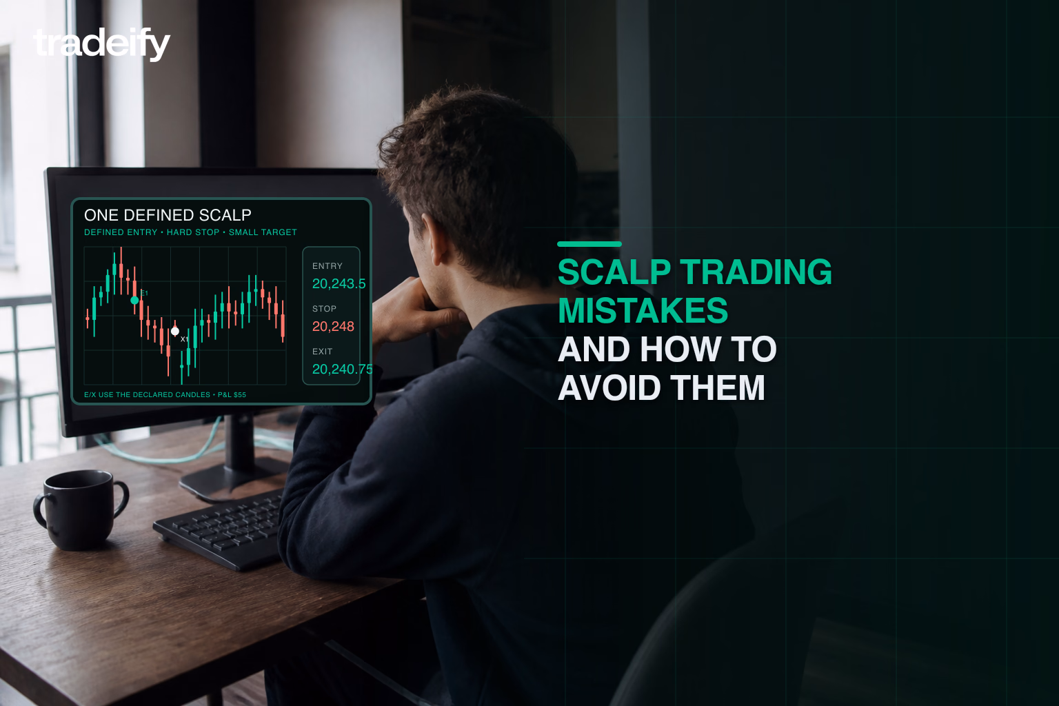Young trader reviewing a validated scalp entry, hard stop, and small planned target