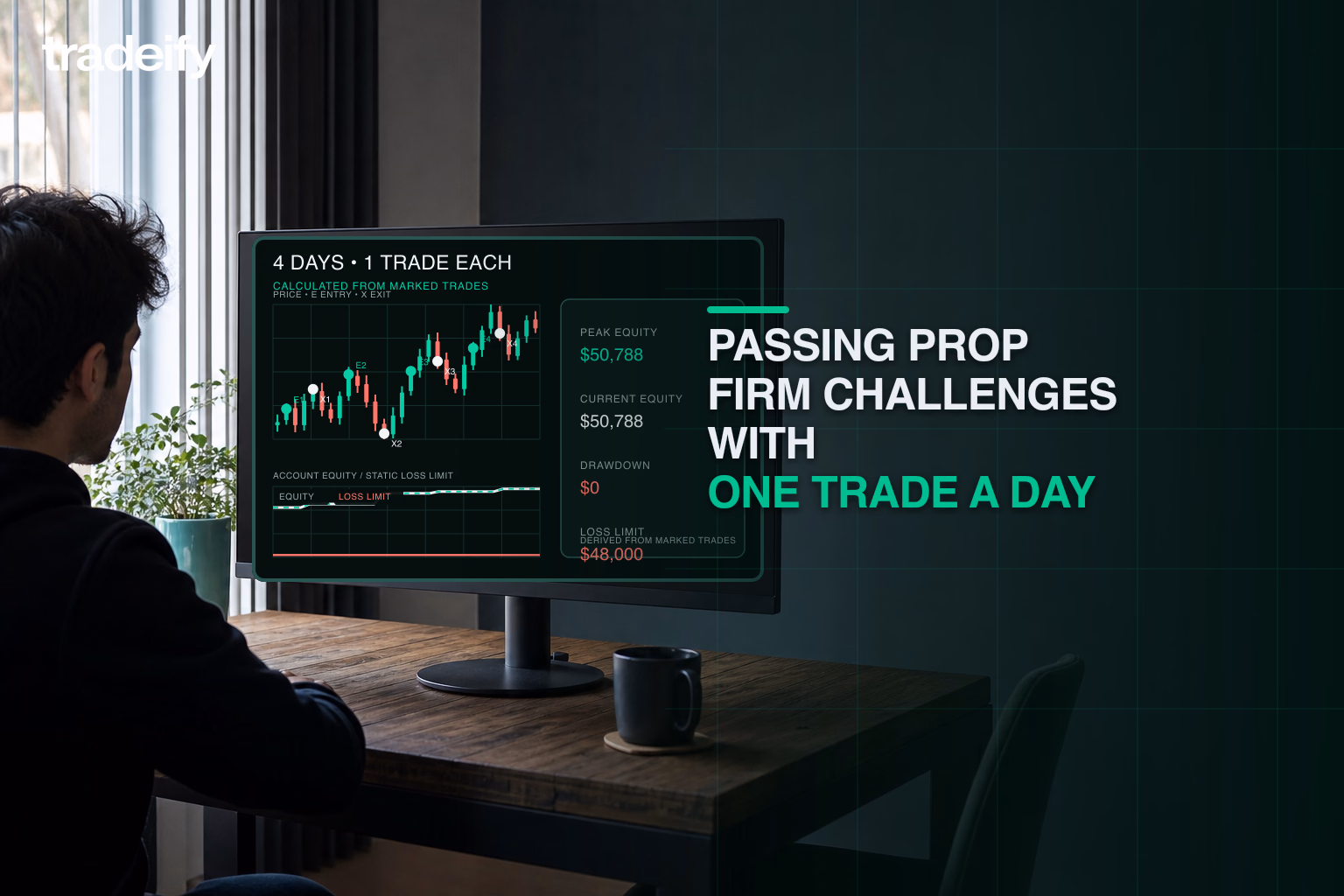 Trader reviewing four separate one-trade sessions with marked entries, exits, equity, drawdown, and remaining account buffer