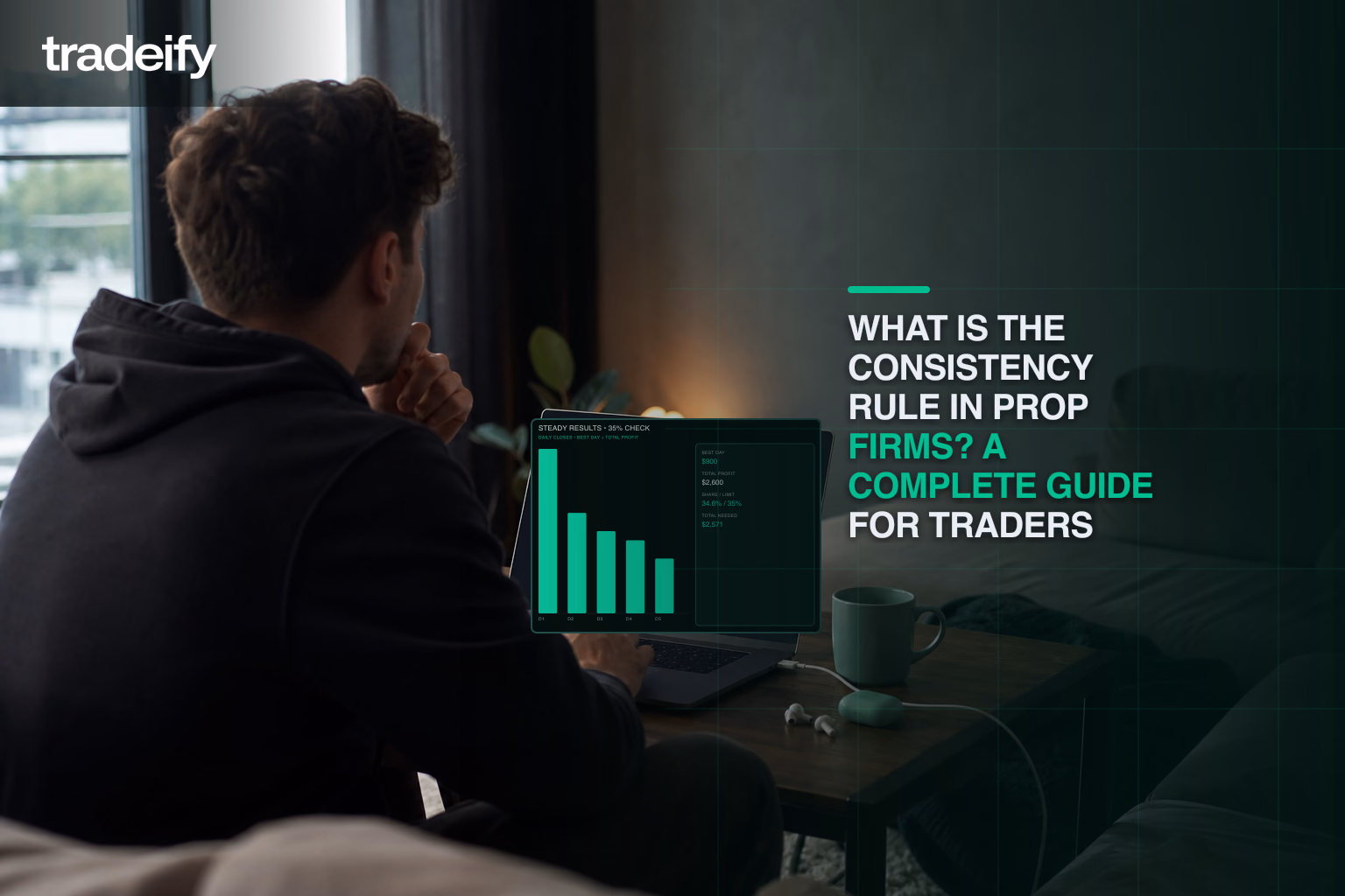 Young futures trader reviewing a validated thirty-five percent consistency check on a laptop in a lived-in apartment
