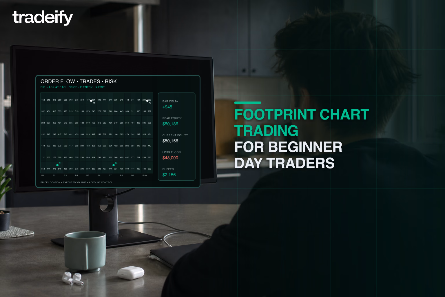 Beginner futures trader studying a verified bid-by-ask footprint chart at a lived-in kitchen counter