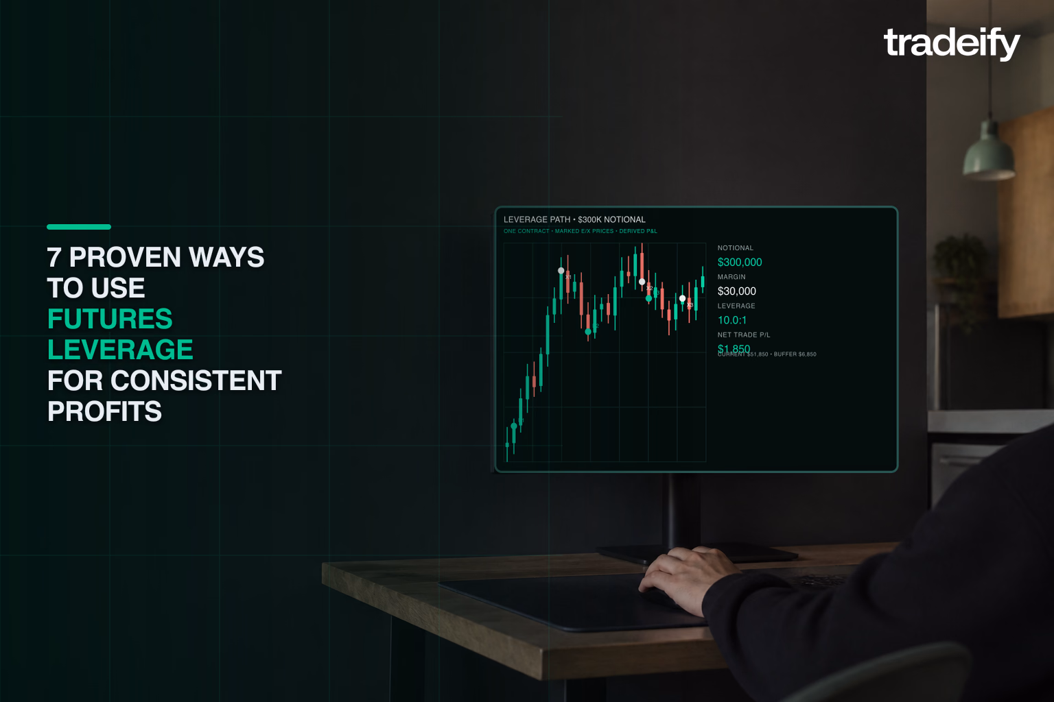 Trader reviewing a validated futures leverage path with 300 thousand dollars of notional value, 30 thousand dollars of margin, marked trades, and account impact