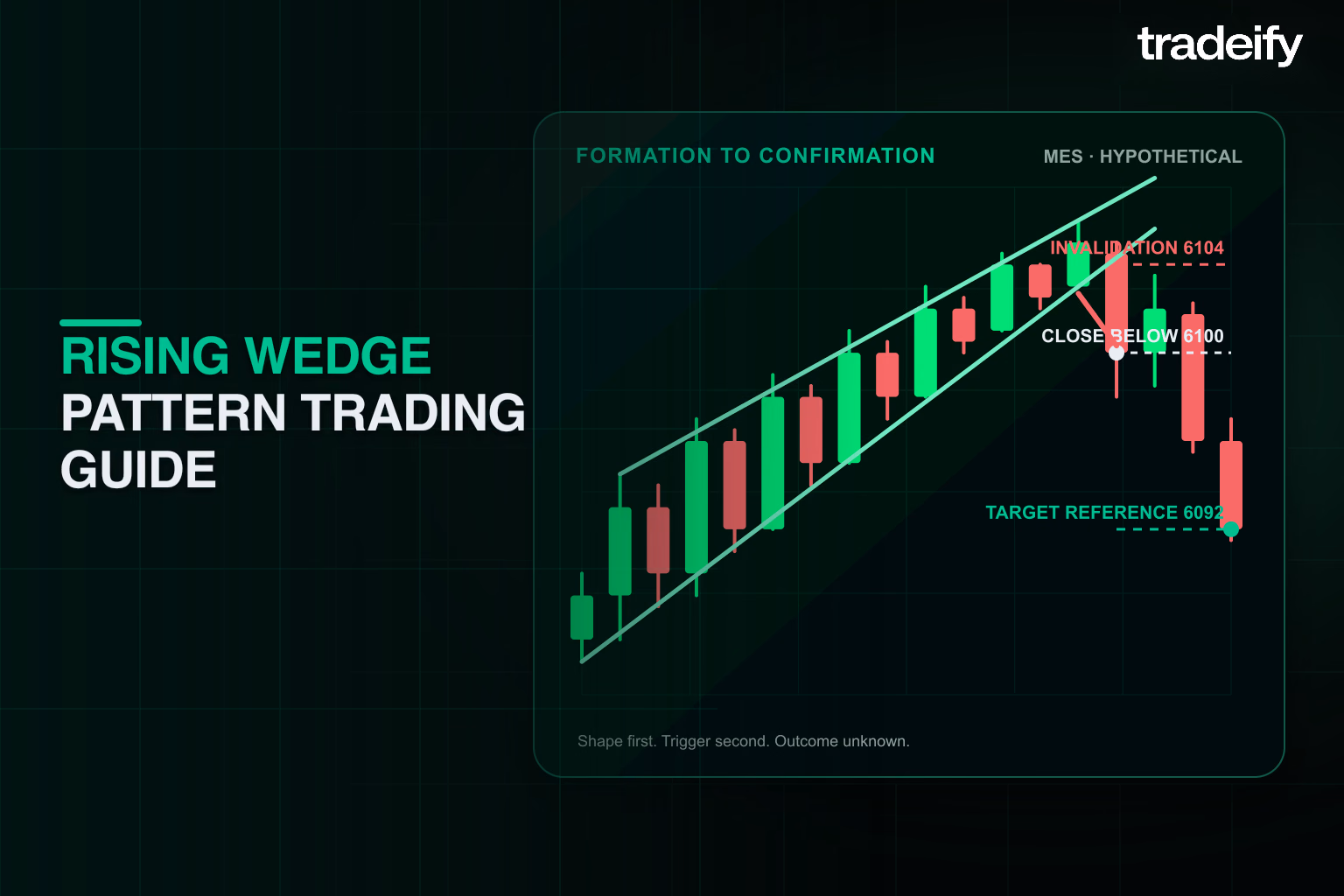 Rising wedge pattern chart showing formation, close-based confirmation, invalidation, and a target reference