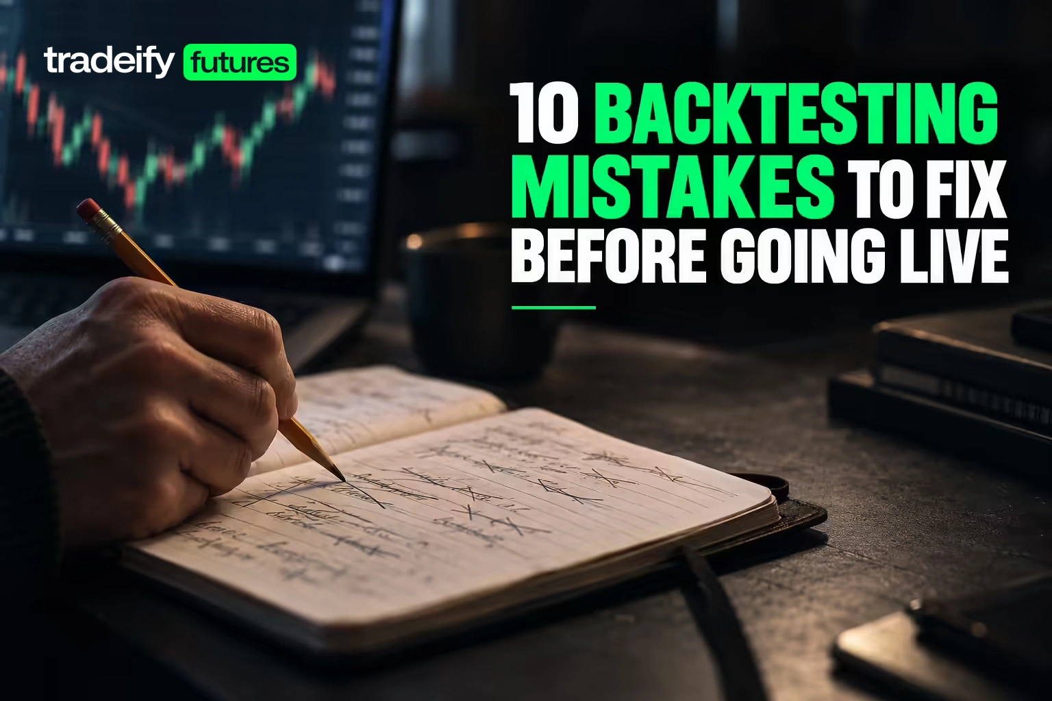 Close-up of a trader reviewing handwritten backtesting notes beside a softly focused historical chart.