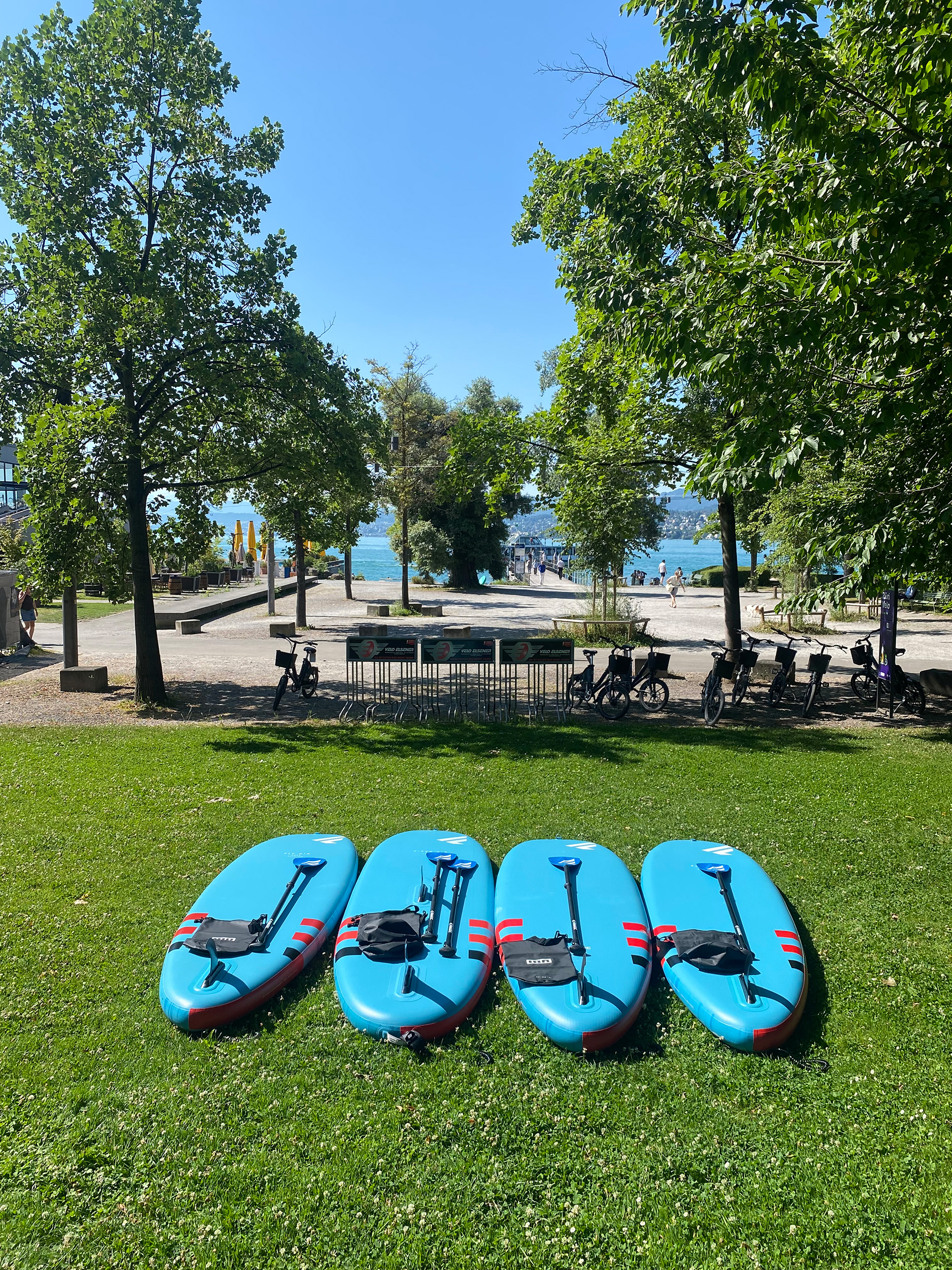 Stand Up Paddle Boards on grass at Zürichhorn