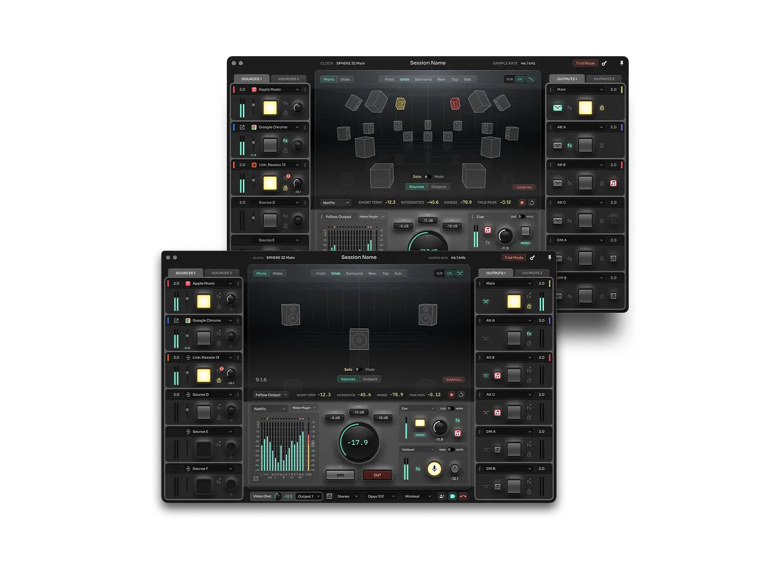 Sphere immersive audio and Dolby Atmos metering and volume controls