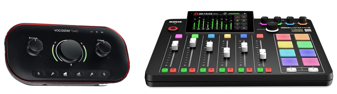 Image of Vocaster Two audio interface and RODE Pro II mixer