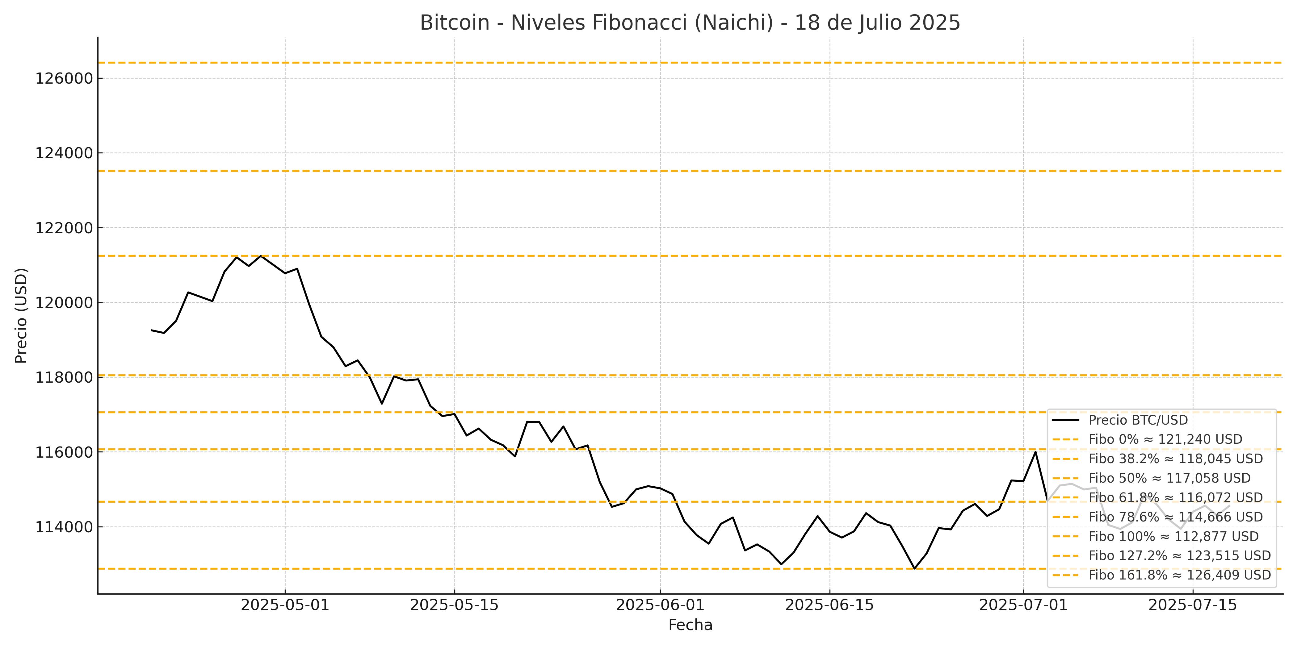 Gráfico técnico de Bitcoin con niveles Fibonacci 18 de julio de 2025