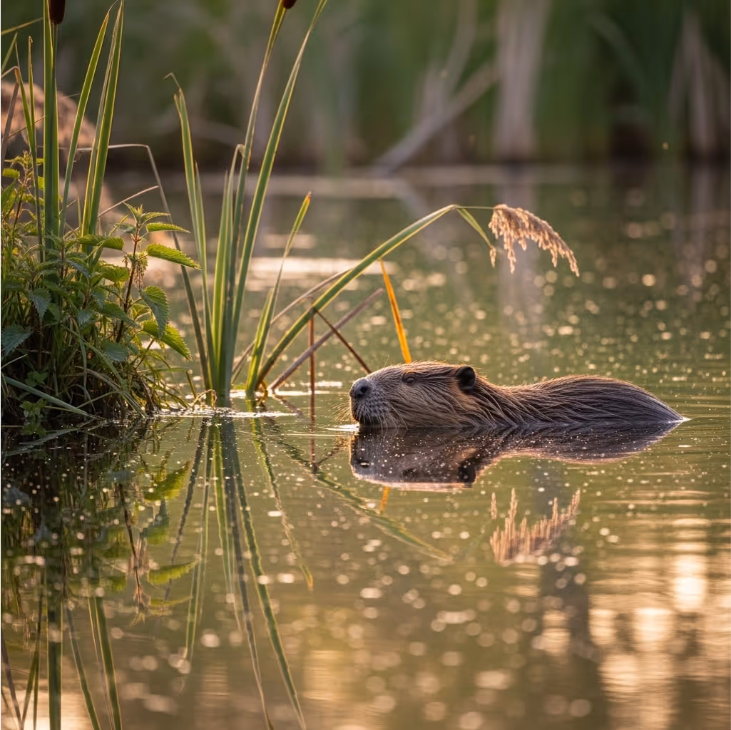 Een bever die naar de kant van een sloot zwemt.
