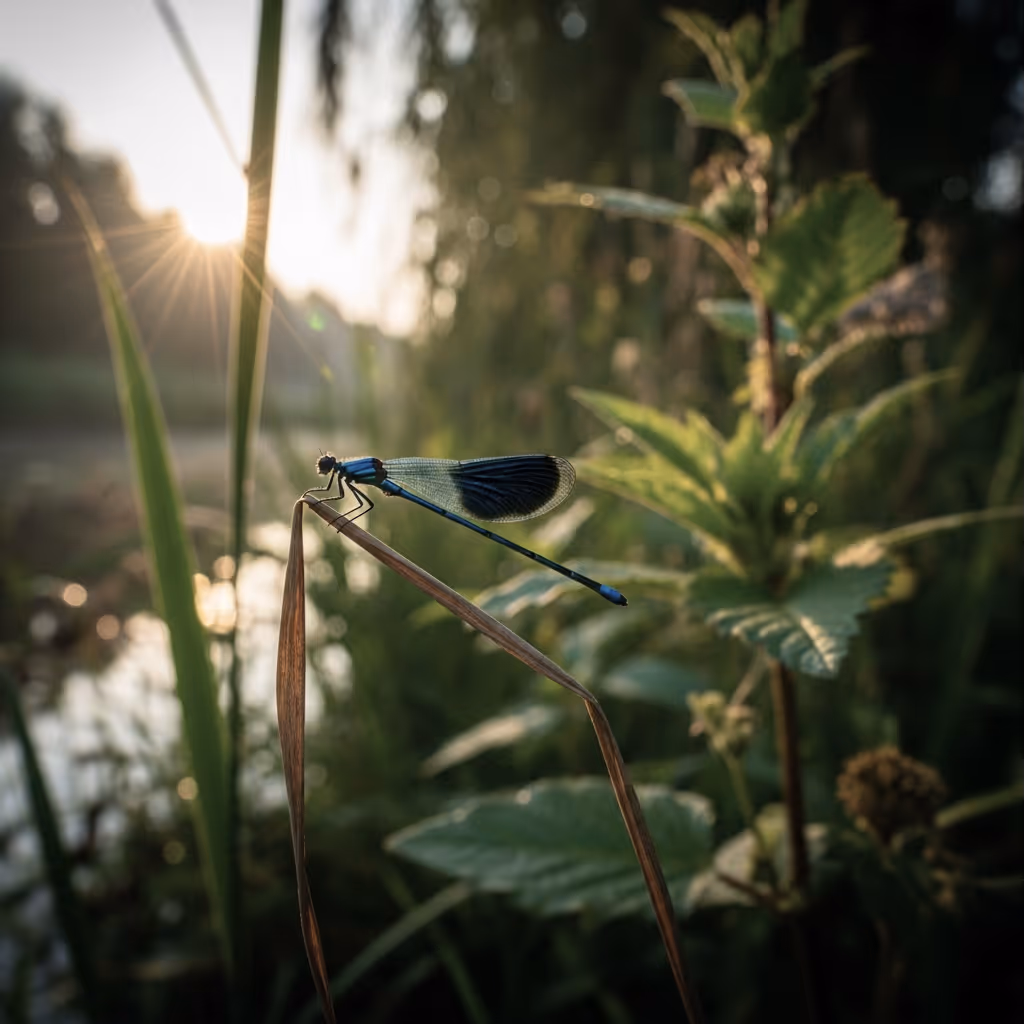 Een libelle in de planten van een oever tegen de achtergrond van een ondergaande zon.