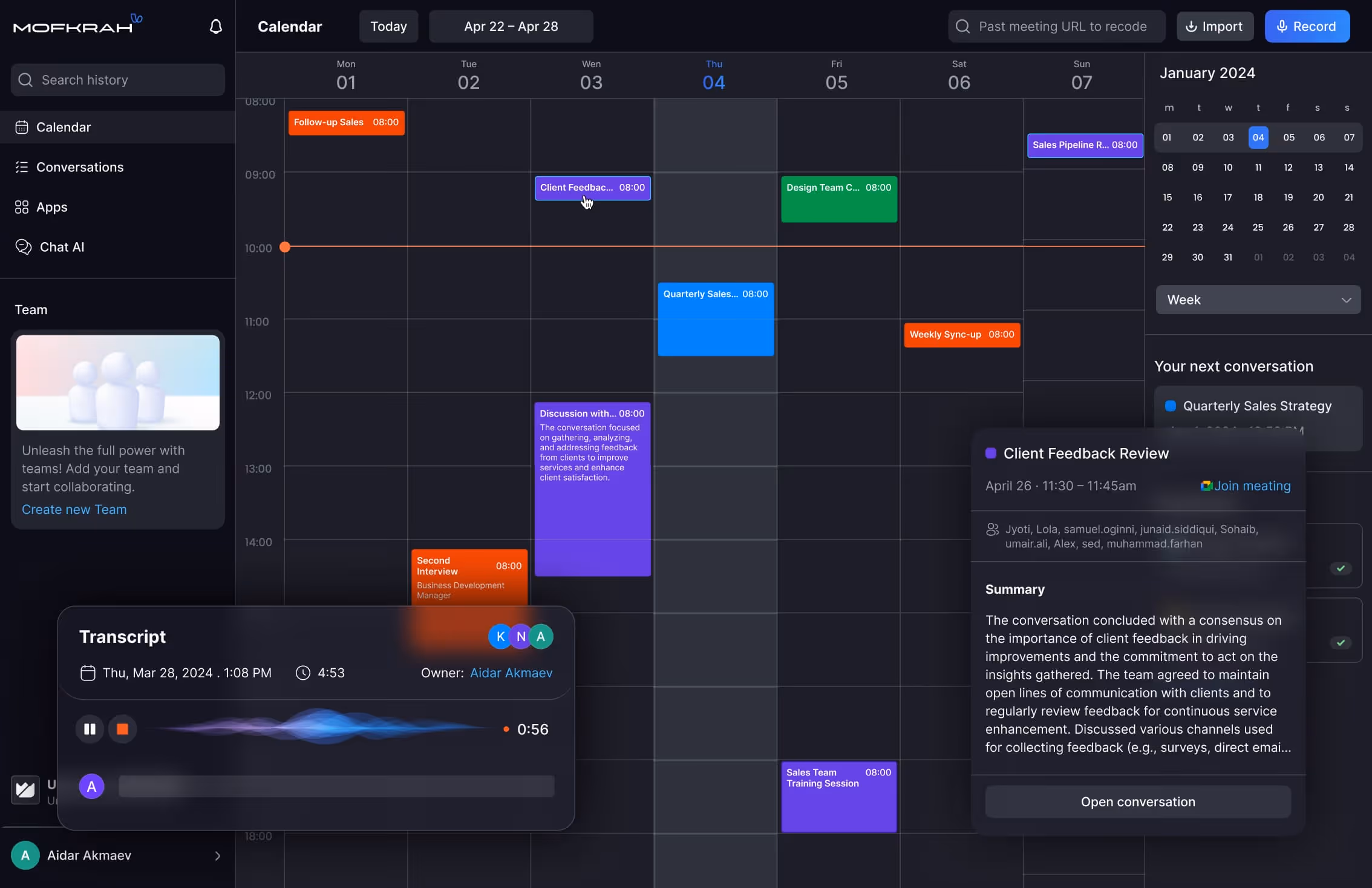 Dark-themed digital calendar interface displaying weekly schedule with color-coded events, including sales meetings, client feedback, team training, and interview sessions, alongside an active transcript and client feedback review panel.