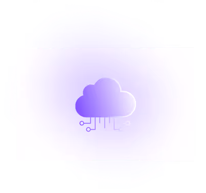Purple cloud icon with circuit lines extending downward on a white gradient background.