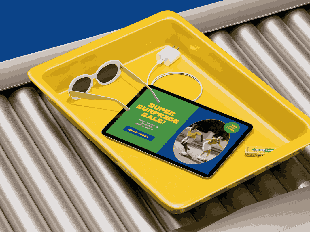 Creative travel UI on a yellow tray — playful and modern design concept for travel and lifestyle startups.