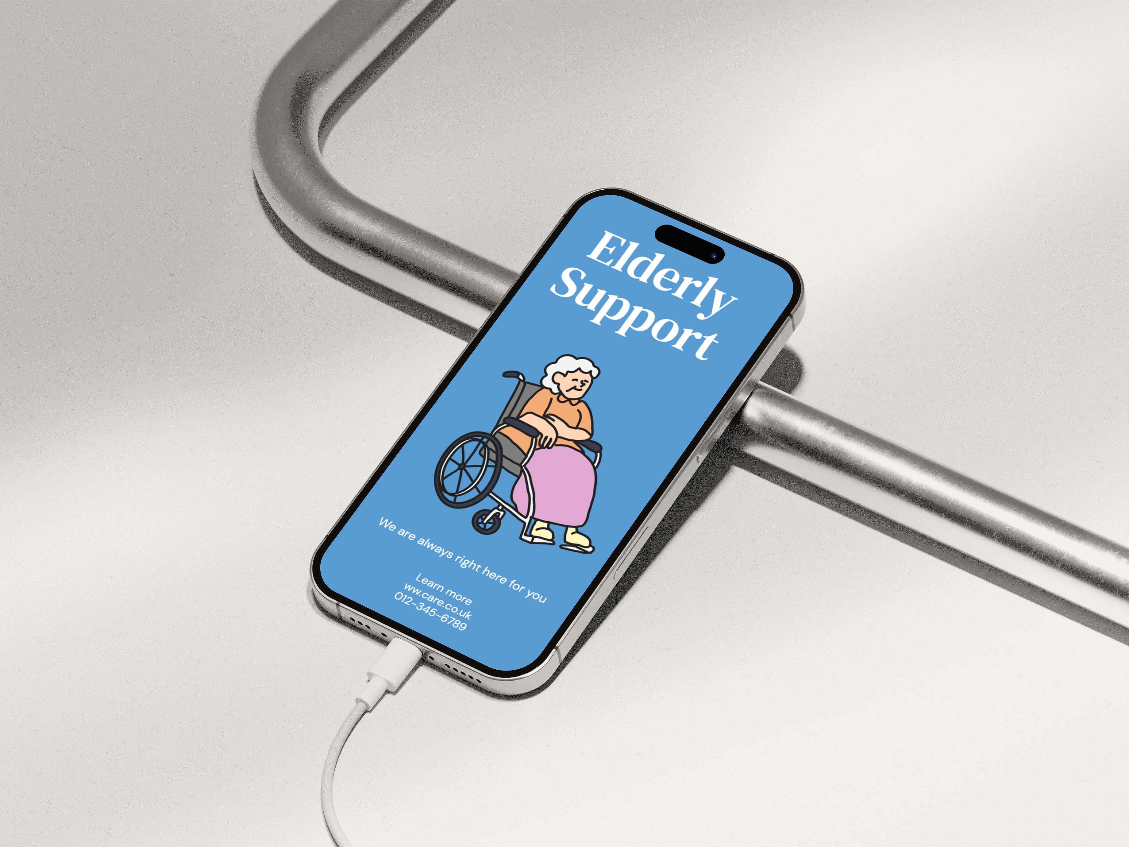 3D-style mockup showing a sleek smartphone app interface on a wireless charging dock — ideal for tech startups launching modern mobile solutions. UI design by Design Policy graphic design studio.