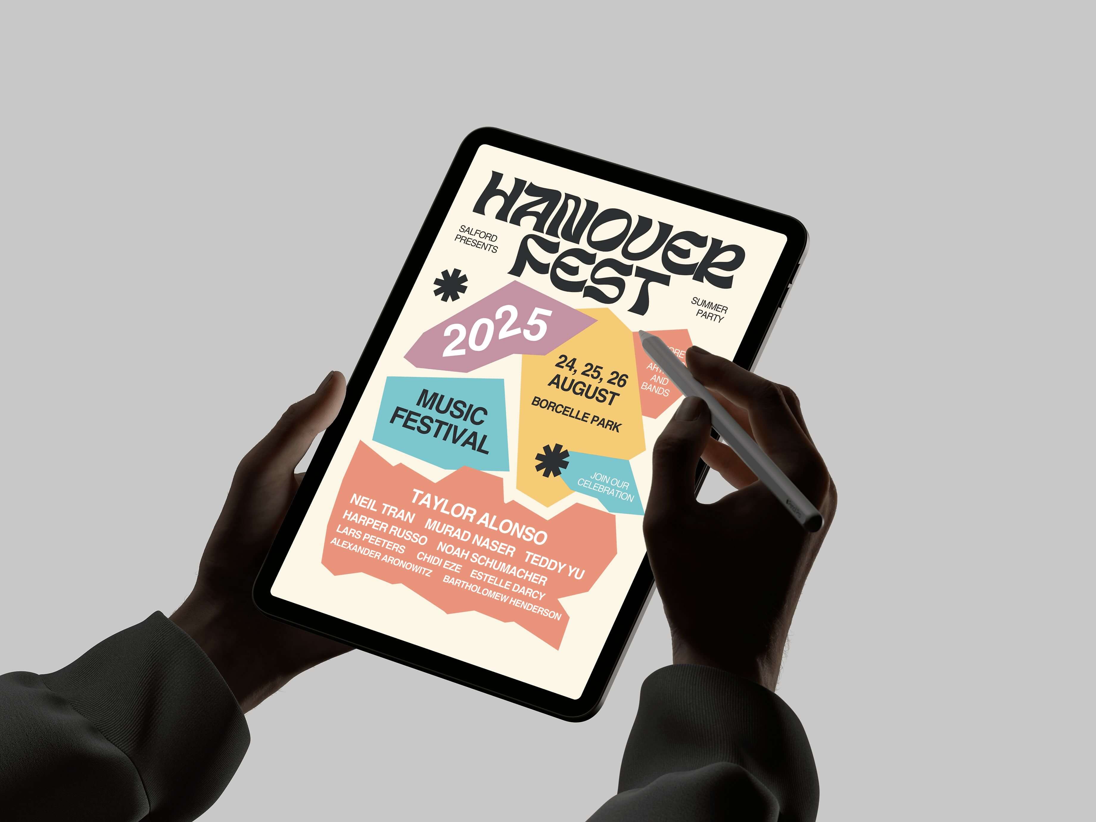 Vibrant hand-held iPad mockup featuring an interactive health and wellness app — clean, startup-ready UI.