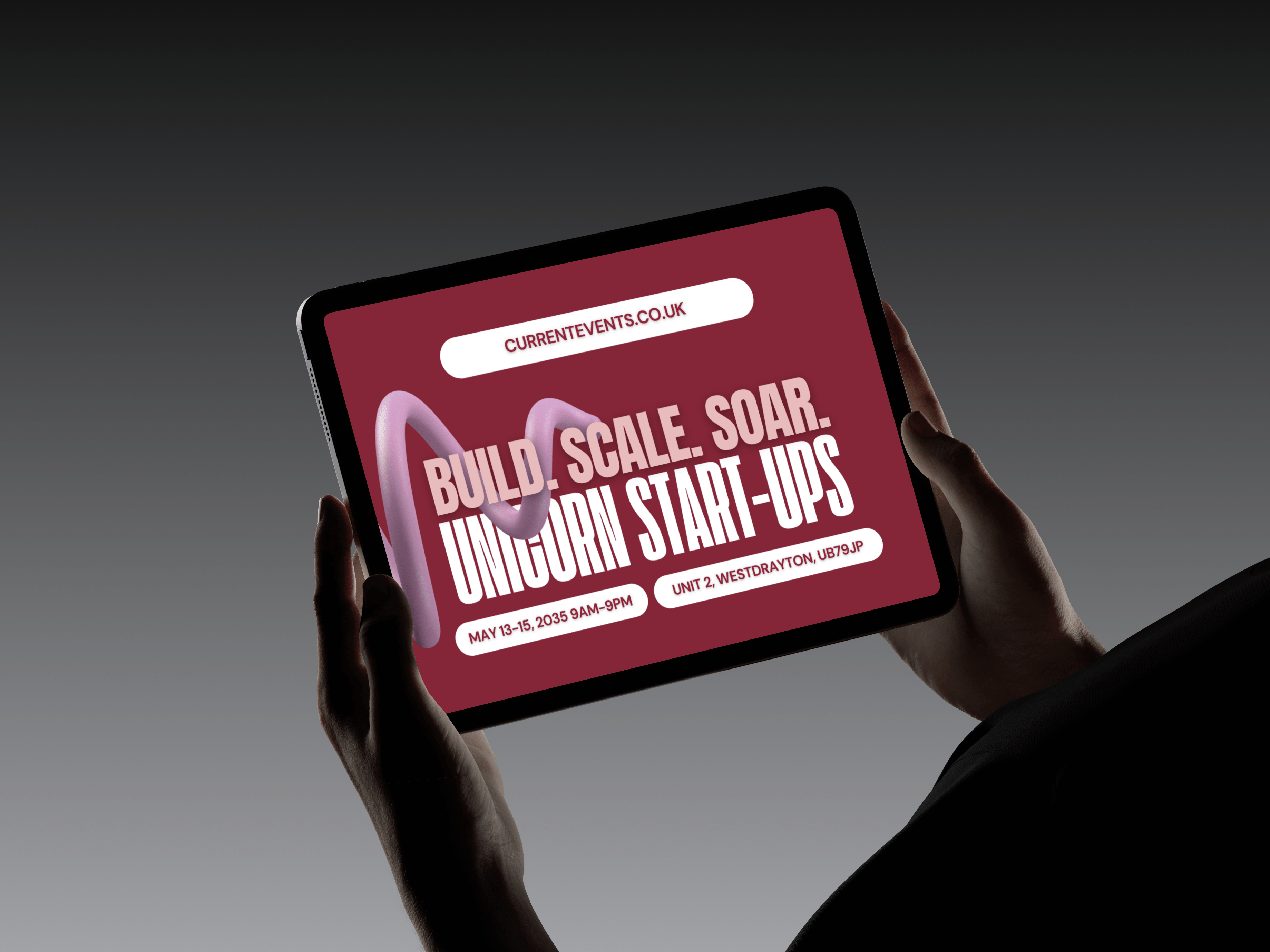 High-impact iPad UI mockup showcasing bold branding and messaging for tech startups.