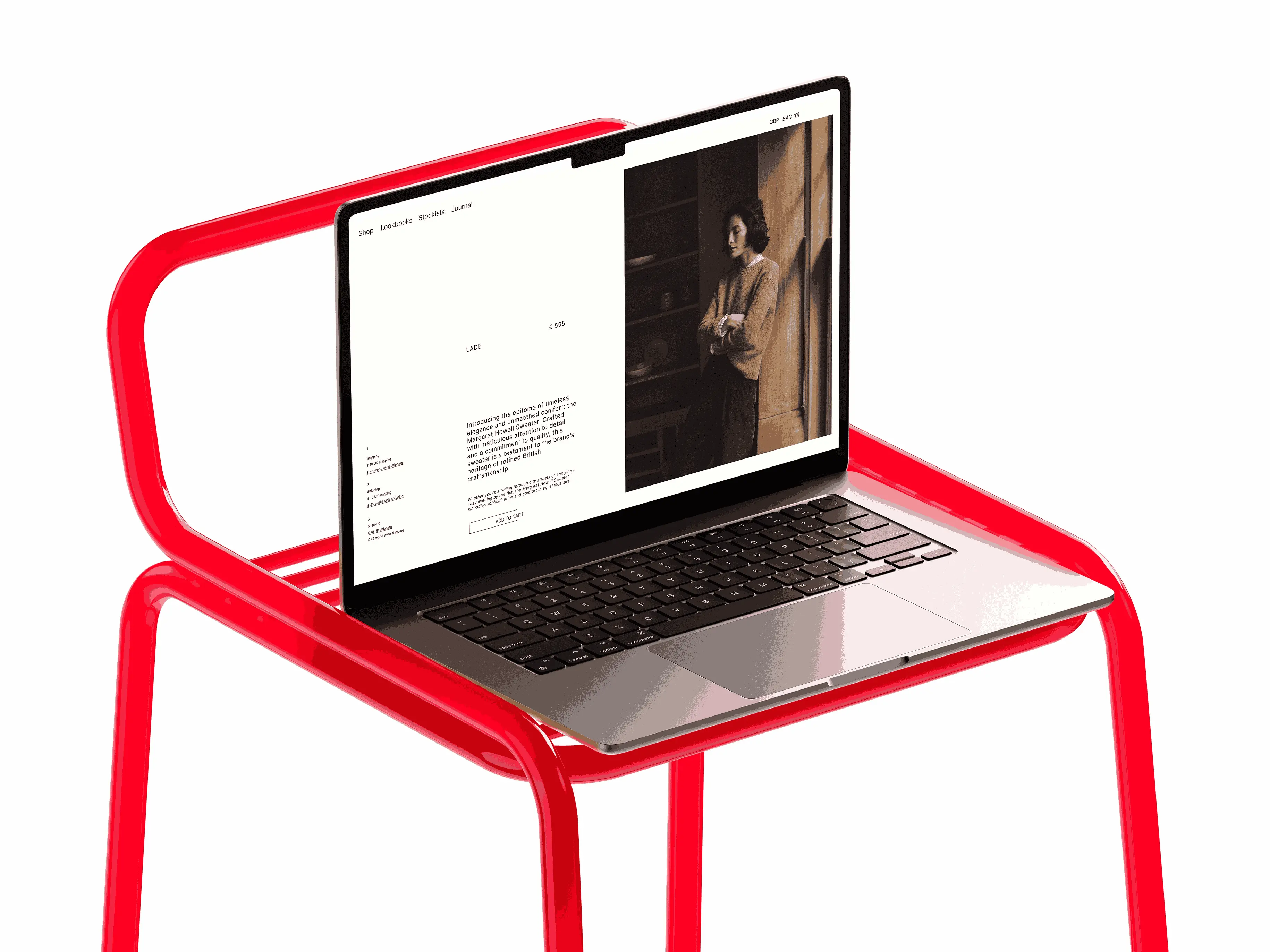 MacBook Air on red chair displaying creative digital design