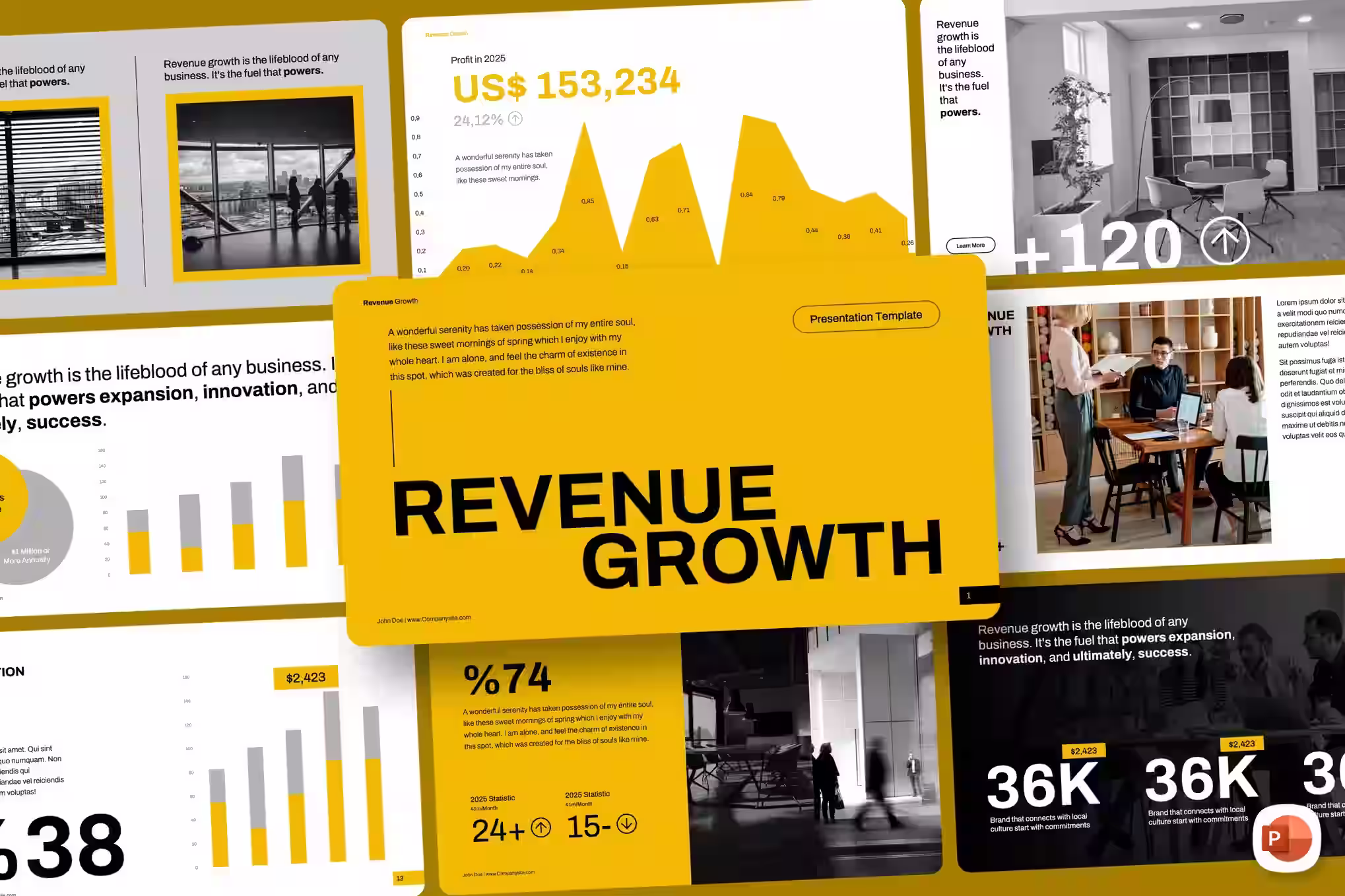 Investor pitch deck design for startups – revenue growth presentation with data visualization