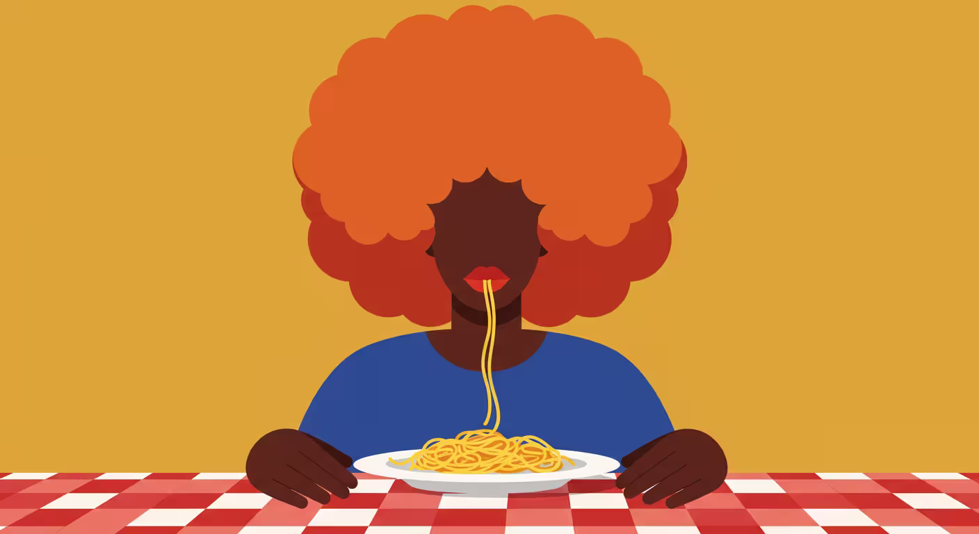 Minimal, high-contrast food illustration featuring a woman enjoying pasta — eye-catching design for restaurant, delivery, or culinary tech startups. Graphic style by Design Policy studio.