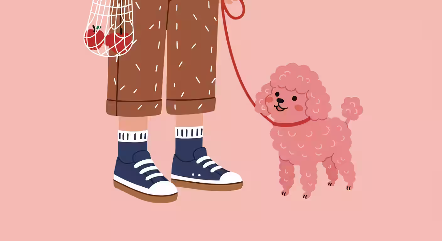 Close-up character design with trendy sneakers and a pink poodle — a charming visual for pet, fashion, or lifestyle startups. Illustrated branding concept by Design Policy.