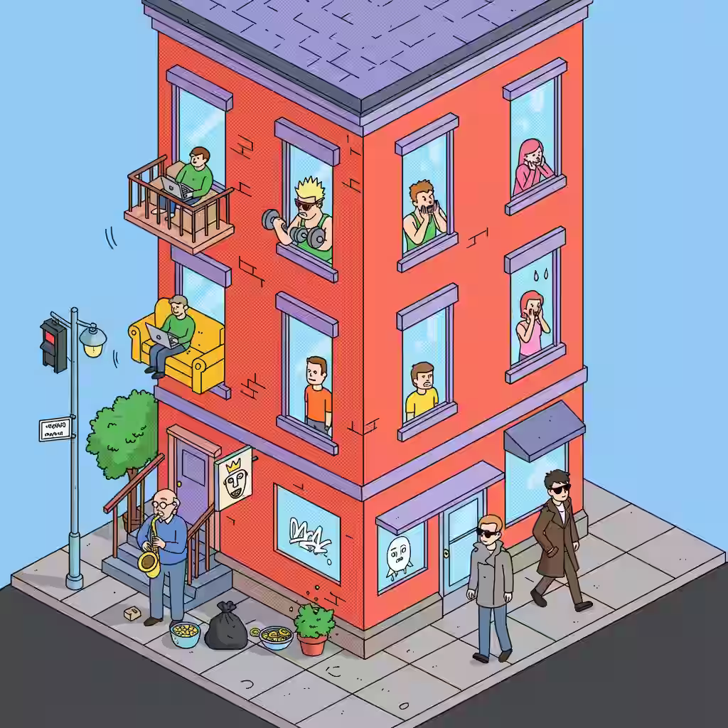 Illustration of a vibrant city apartment with characters in windows — perfect for real estate, co-living, or social community platforms. Narrative-driven visuals tailored for startup brands.