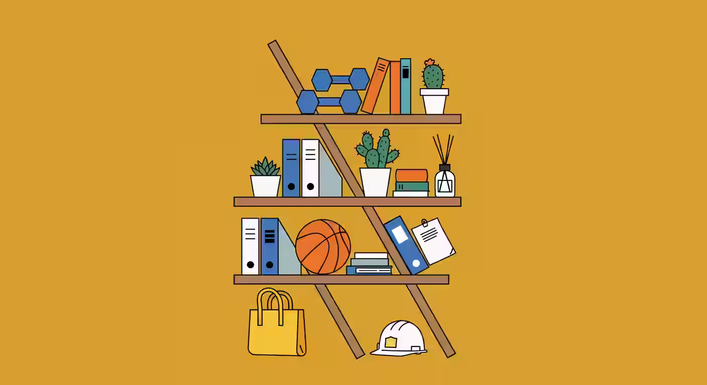 Flat style shelf illustration with books, tech gadgets, and lifestyle items, startup-focused creative design by Design Policy – graphic design agency.