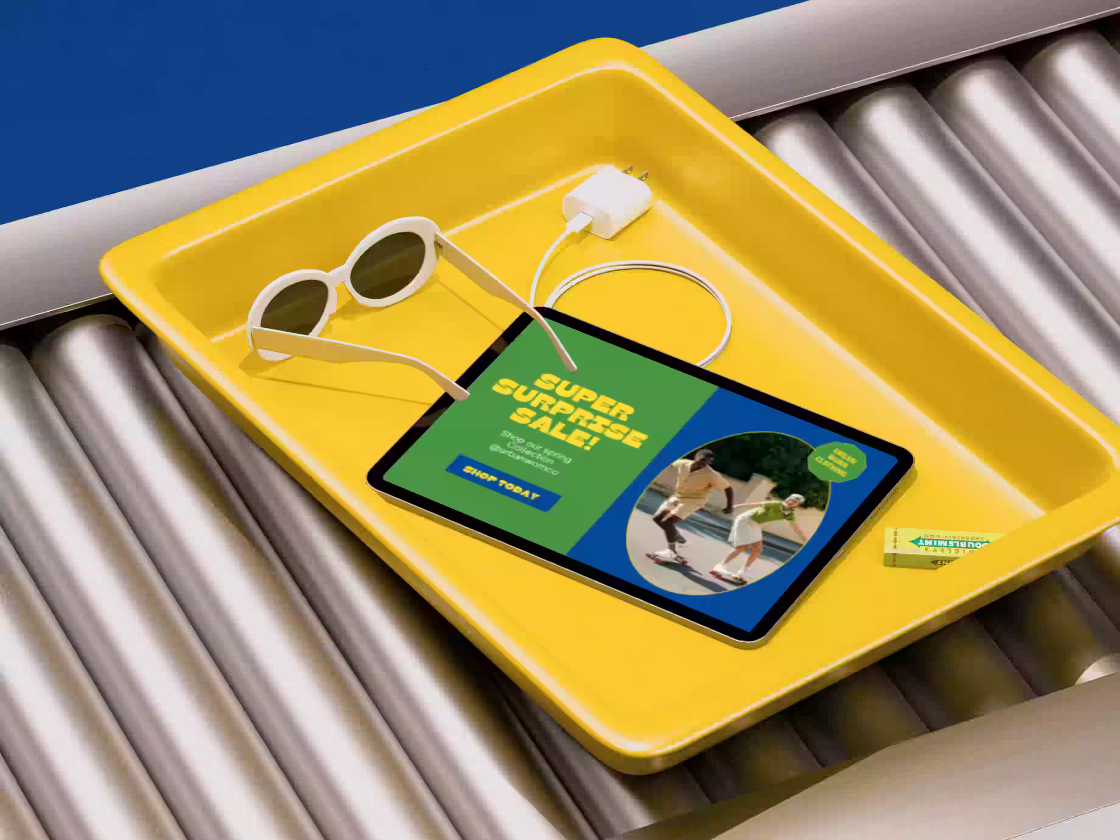 Creative business newsletter design for startups – modern tablet mockup with bold green and yellow branding by Design Policy.