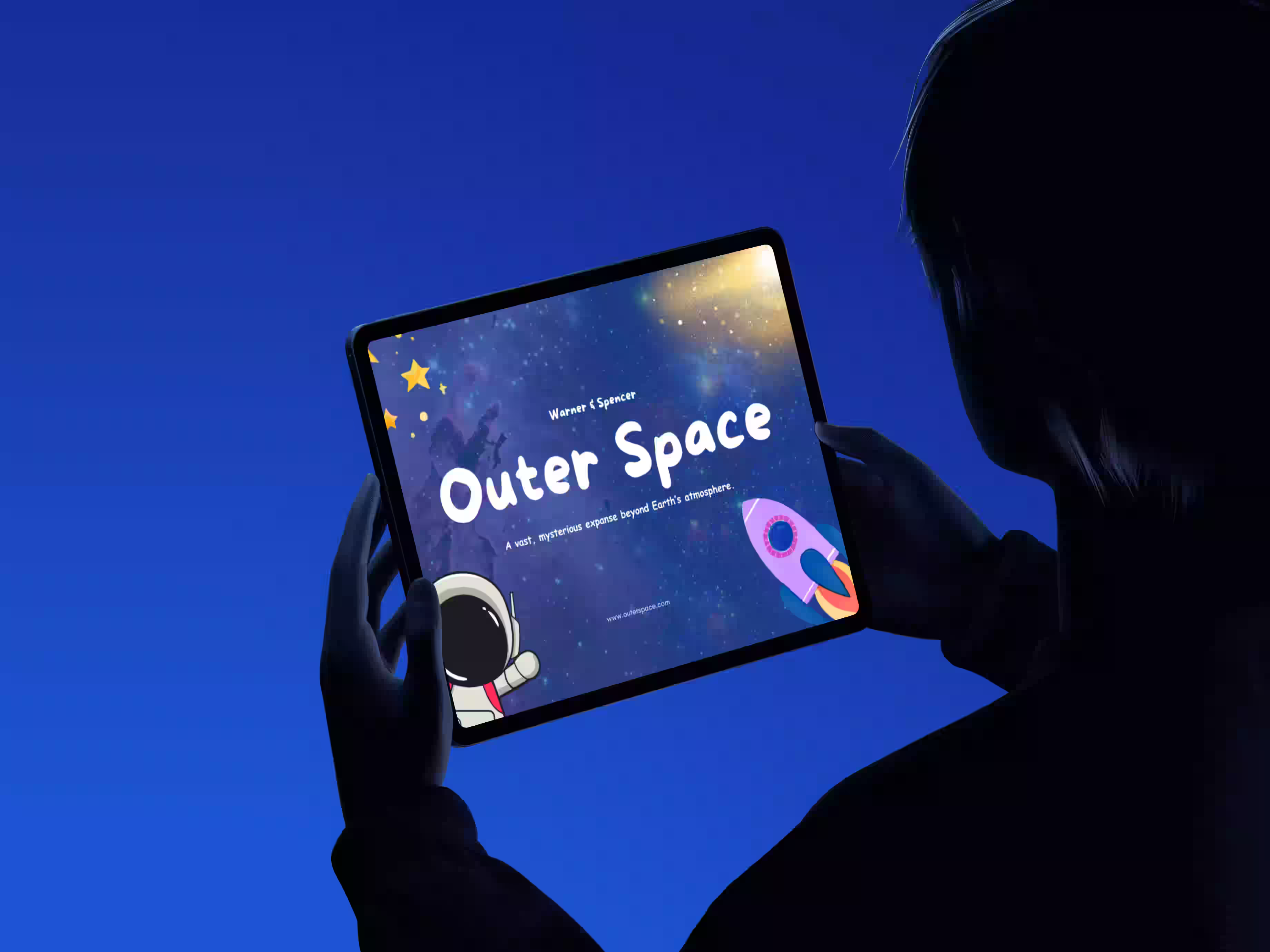 Outer space illustration on tablet screen, futuristic digital design for startups by Design Policy – creative graphic design and branding studio