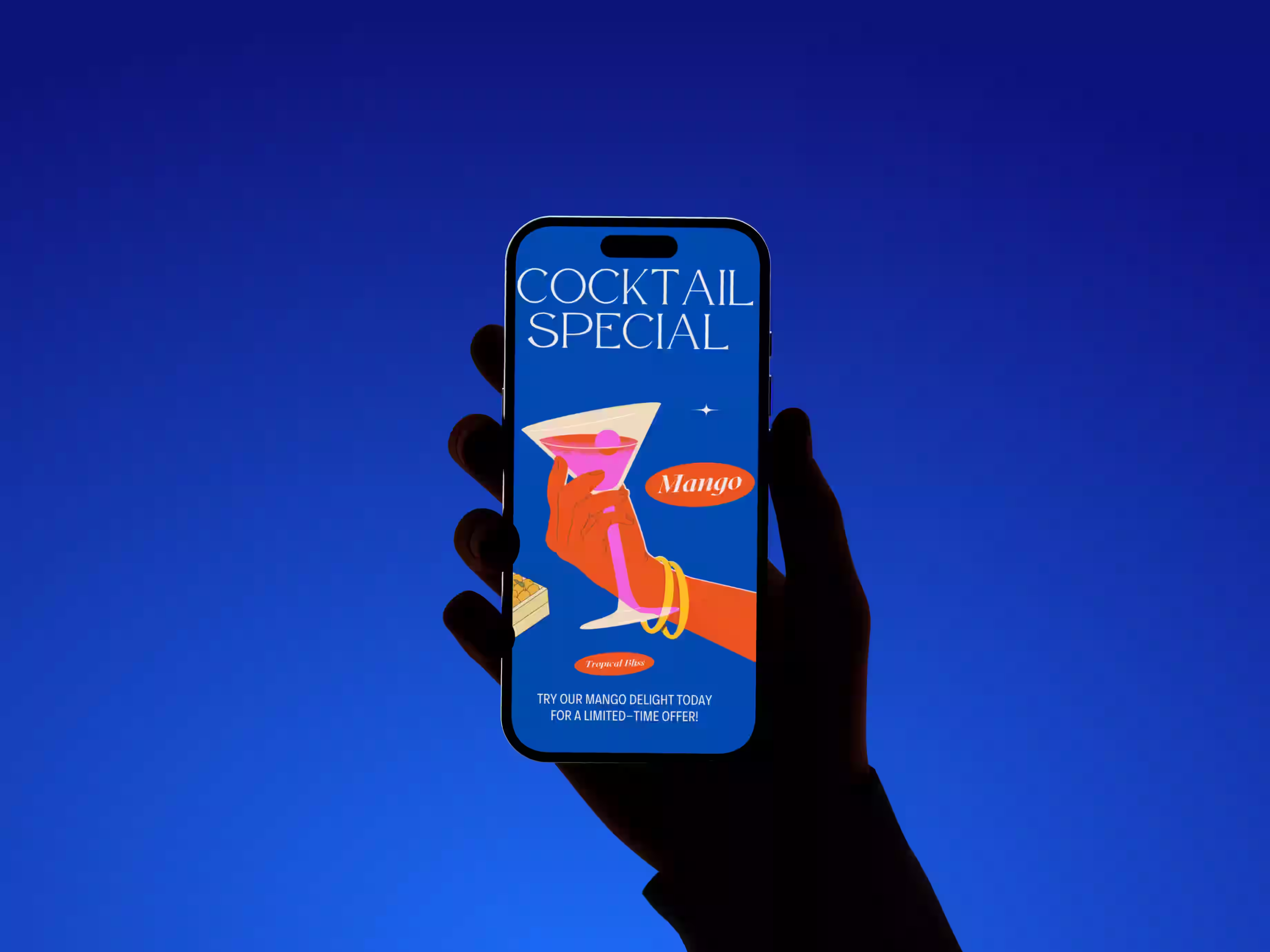 Business app mockup on smartphone with cocktail special design, digital product UI/UX by Design Policy – creative design studio for startups and tech brands
