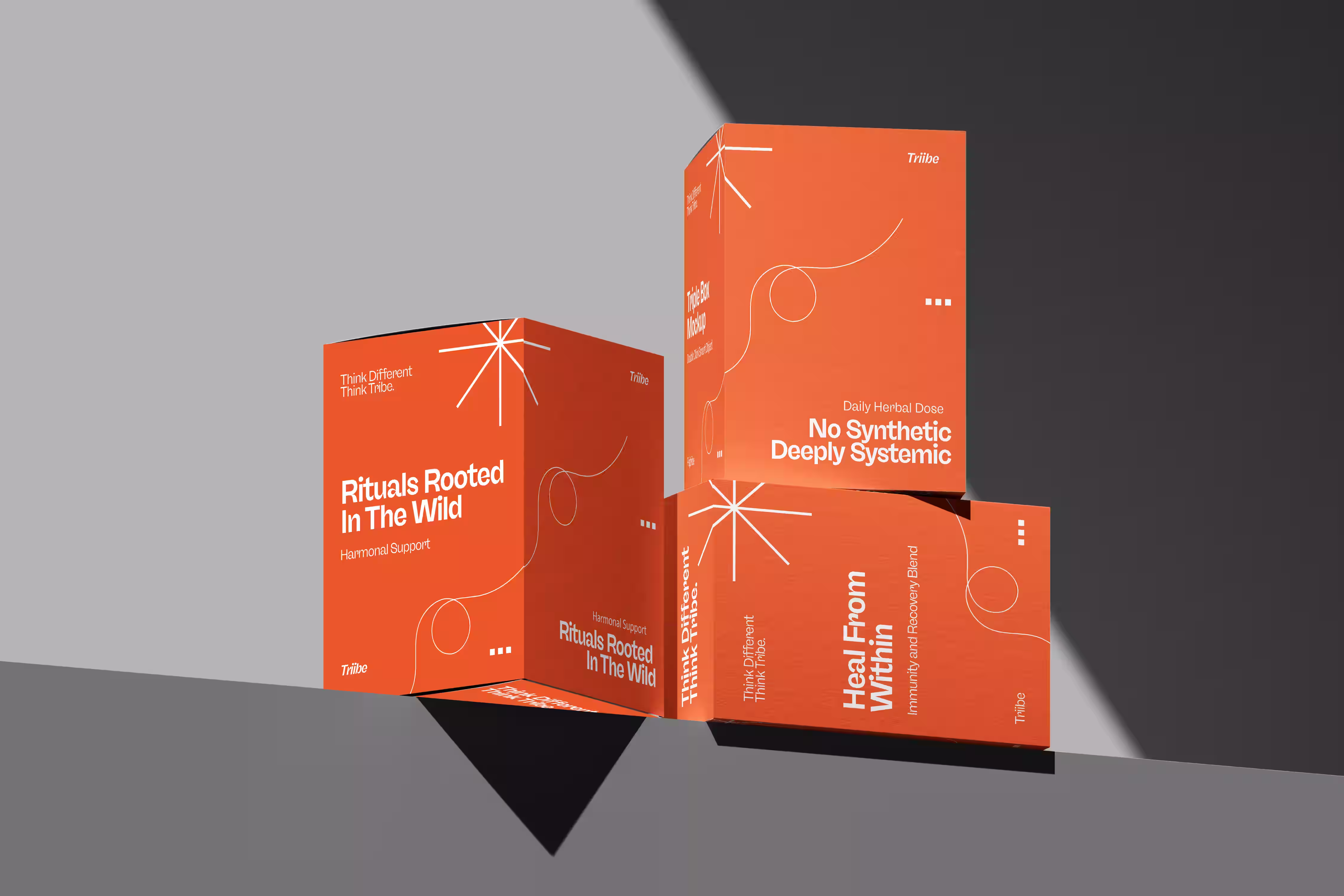 Pharmaceutical-inspired packaging design for health tech startup – bold orange boxes with modern layout