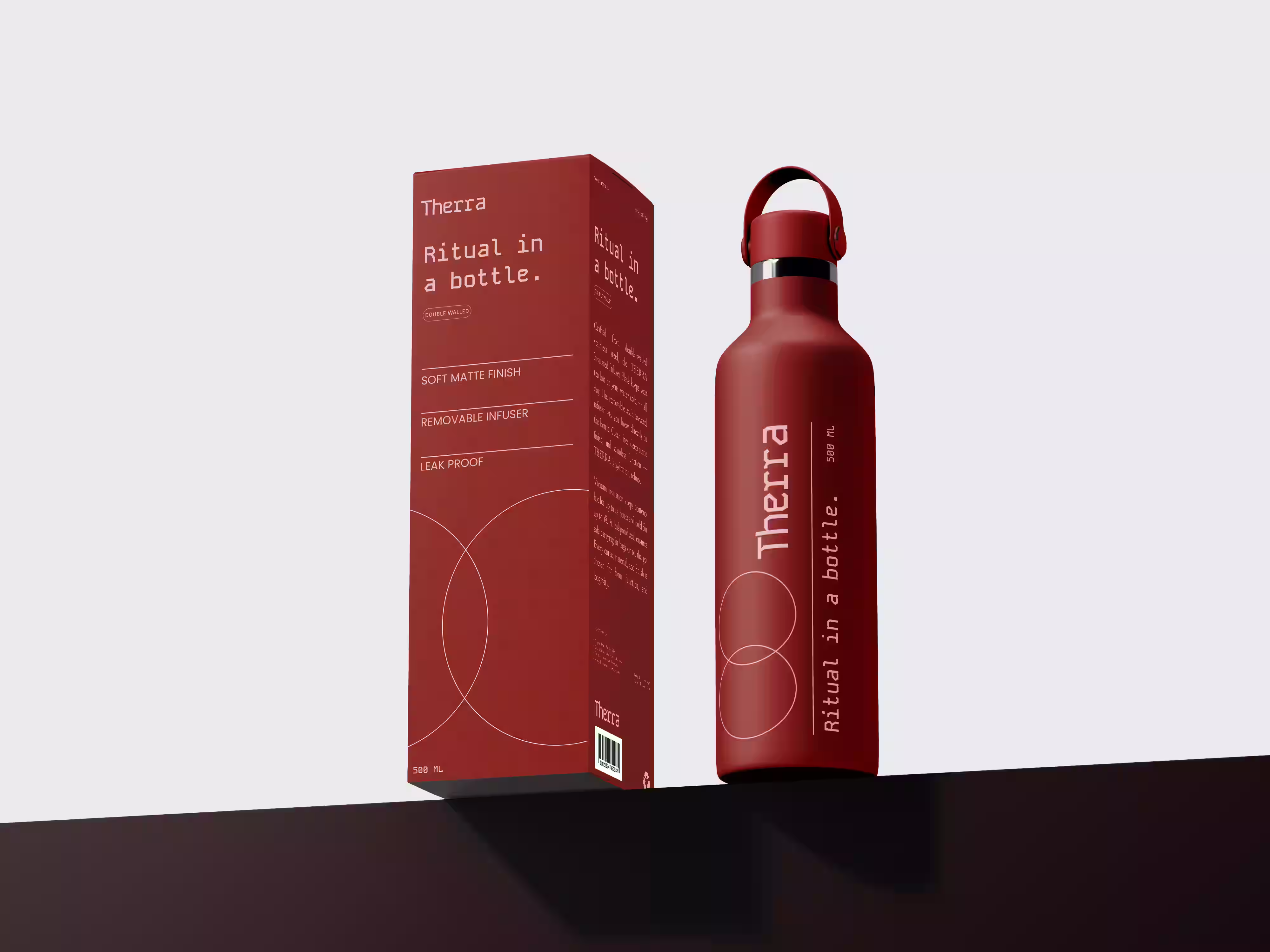 Minimalist bottle and packaging design for lifestyle startup – sleek red branding by Design Policy.