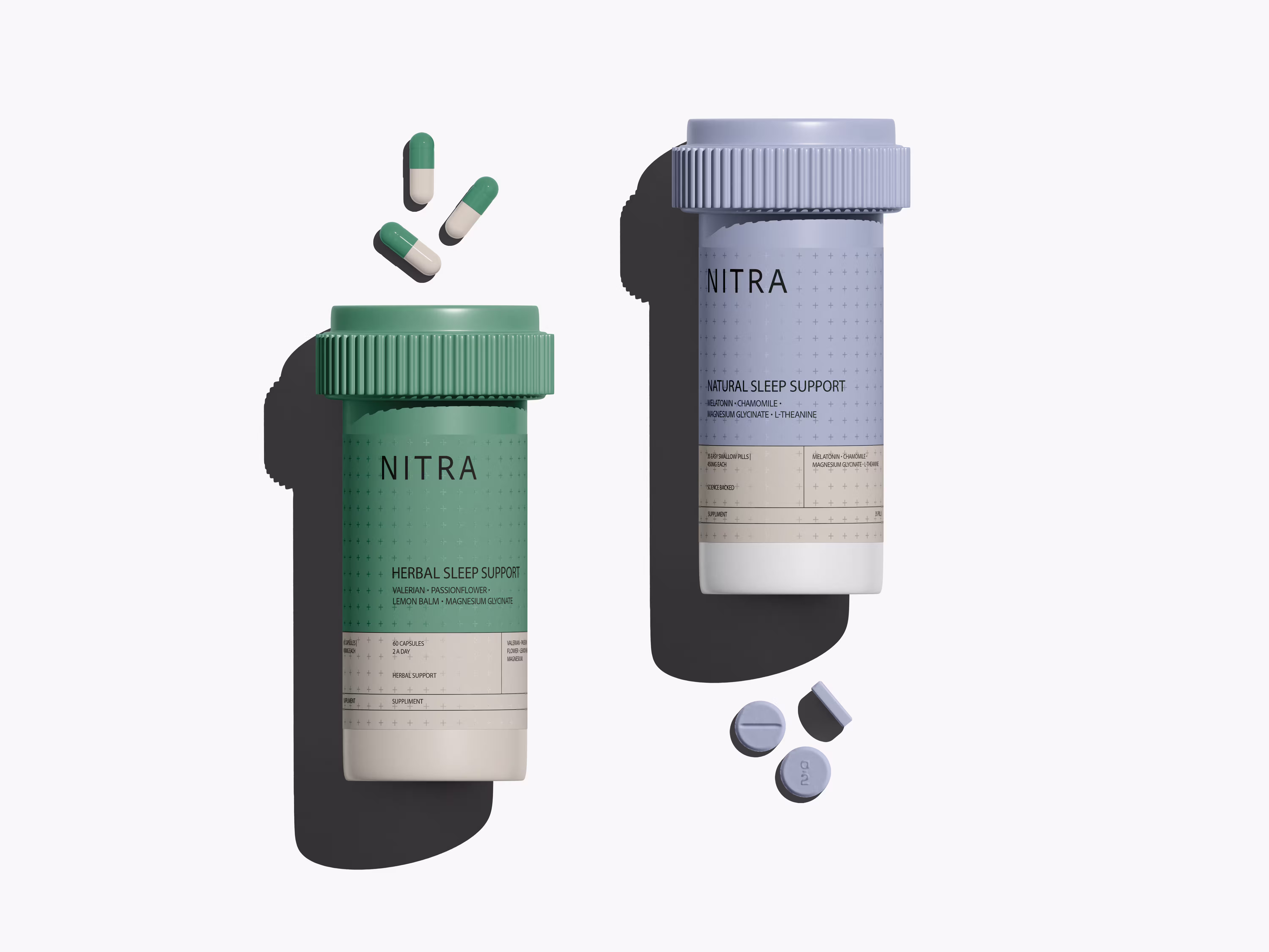 Nutritional supplement packaging design for wellness startup – innovative pill bottles with modern branding