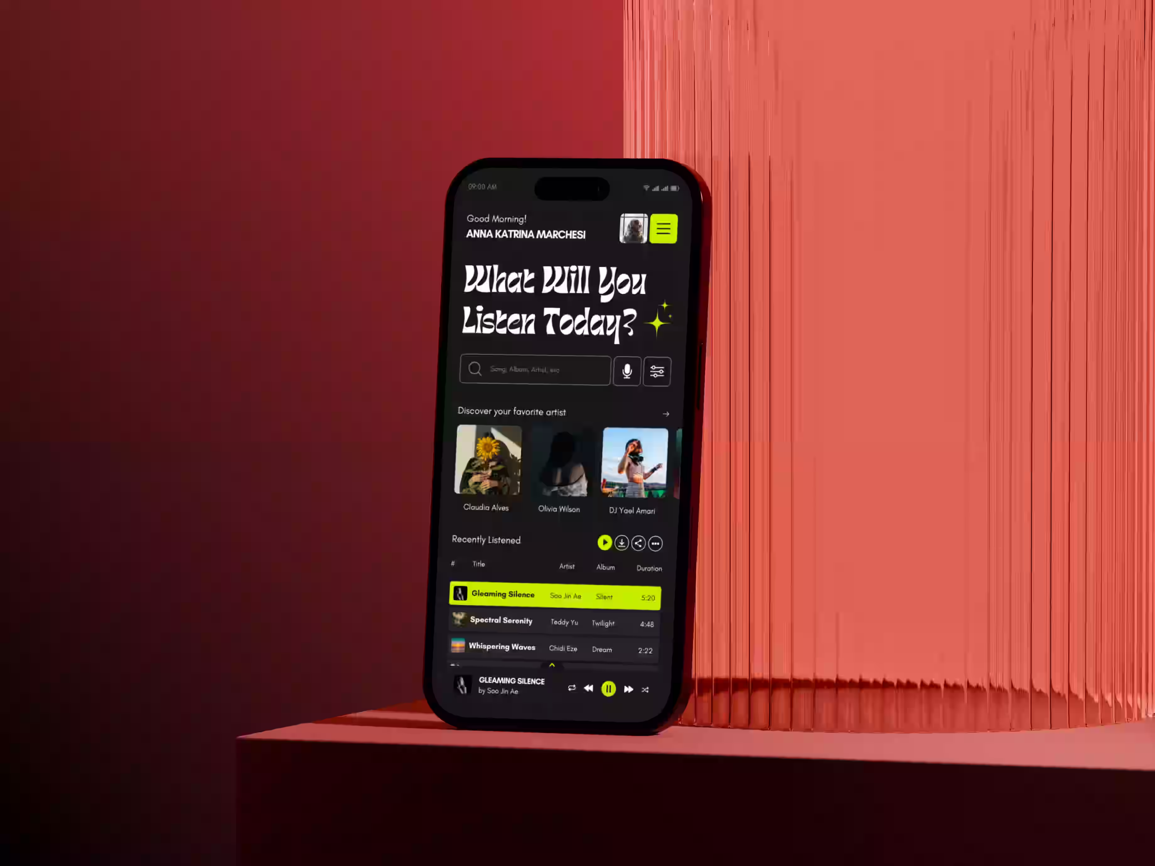 App design for music streaming platform with bold UI for tech startups