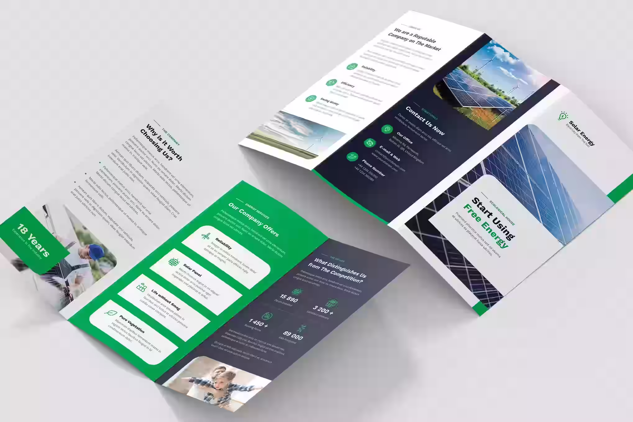 UI inspired brochure design with green branding accents for tech startups and innovative companies