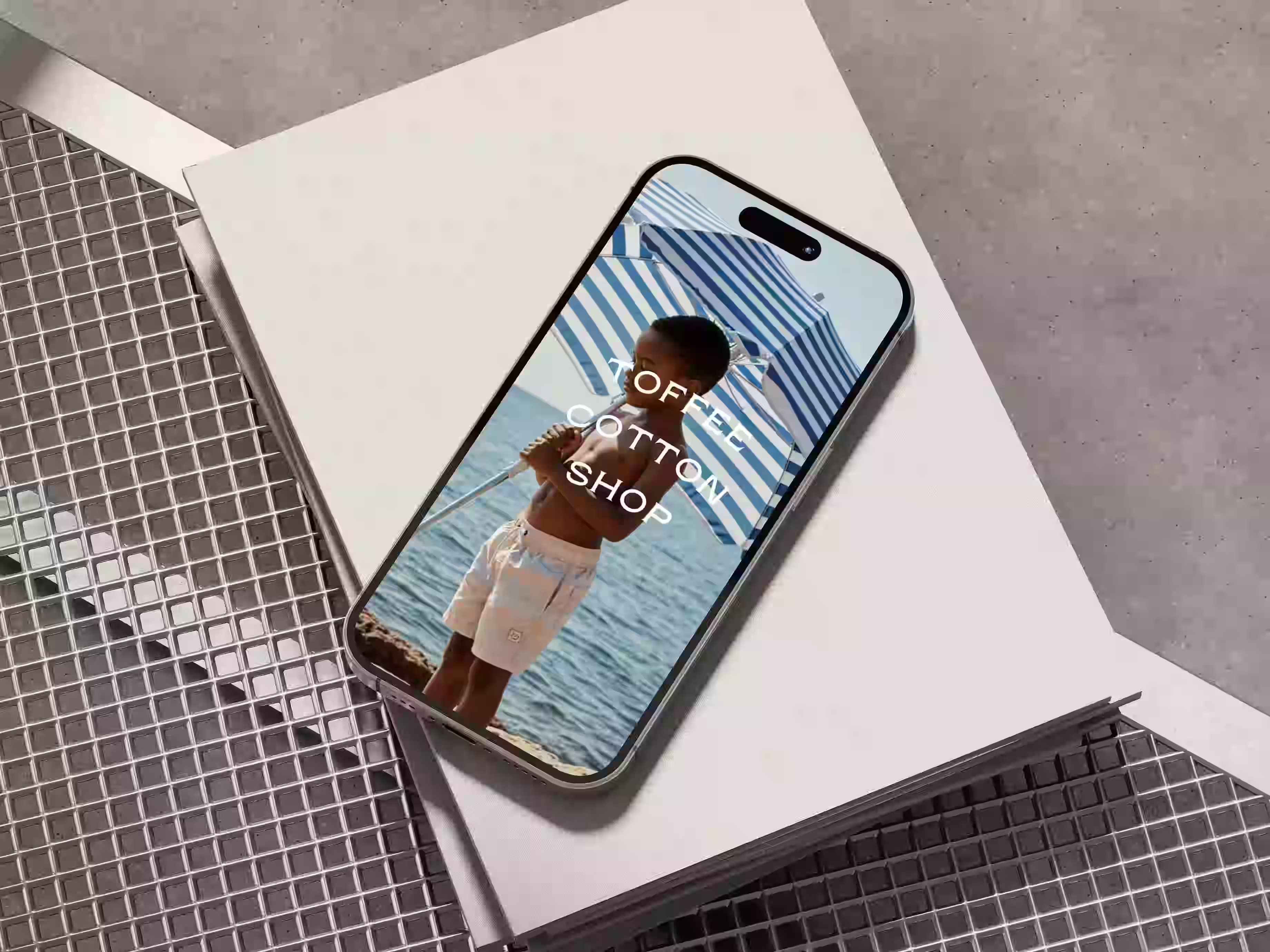 Fashion/lifestyle social media design by Design Policy – Clean phone mockup on textured background with bold “One Stop Shop” tagline.