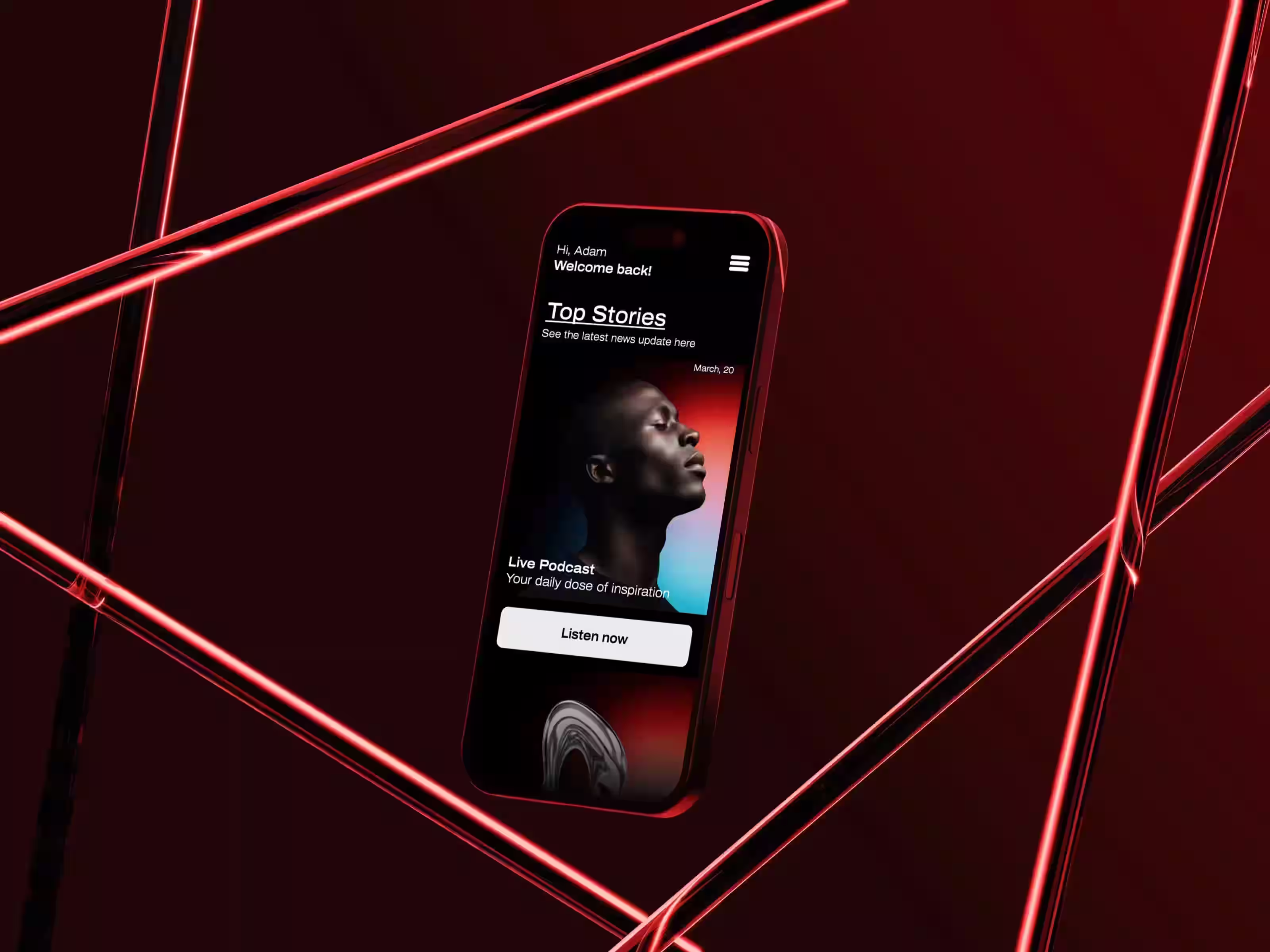 Entertainment social media design by Design Policy – Cinematic post promoting a streaming app with glowing red accents.