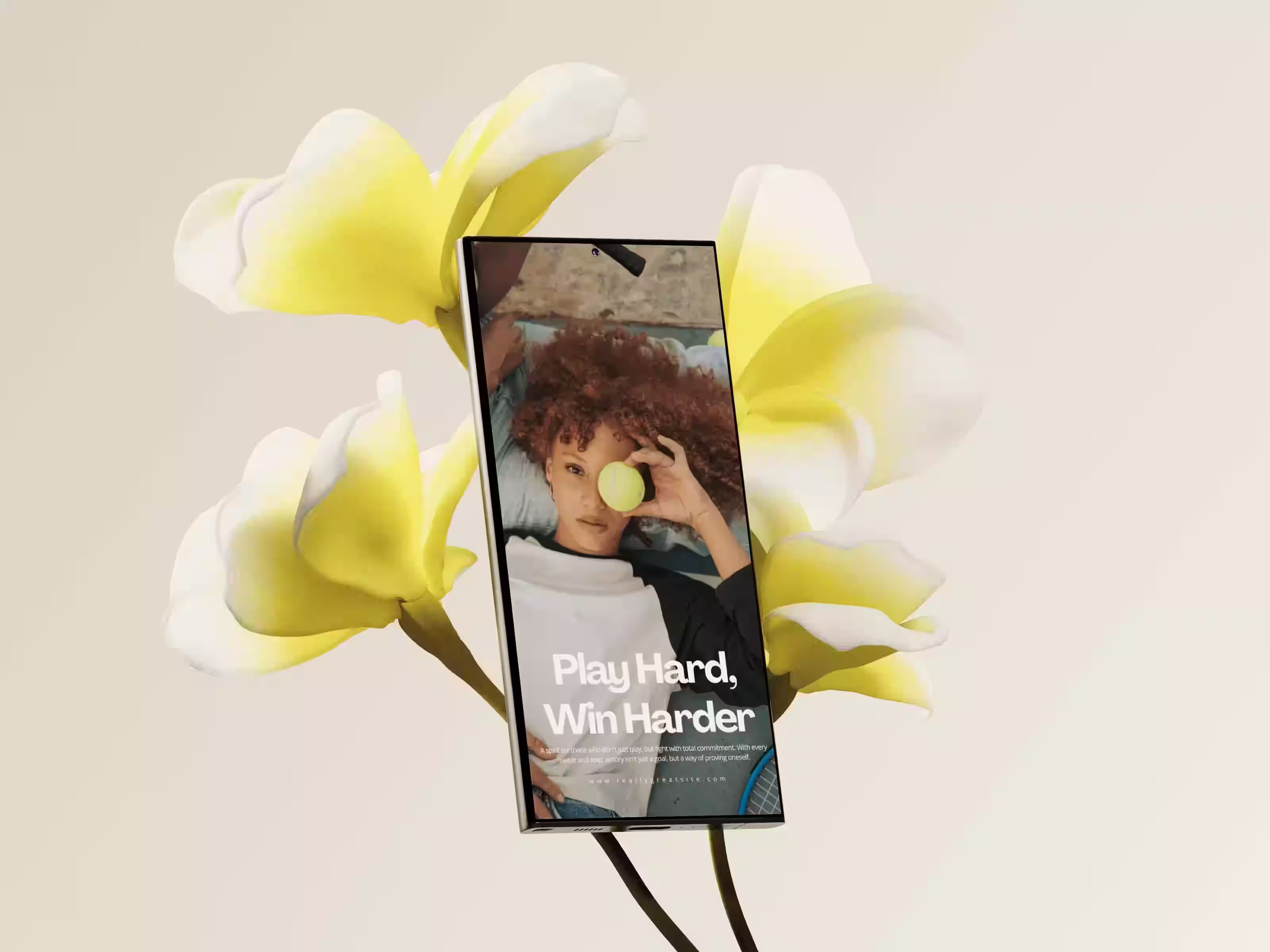 Lifestyle social media design by Design Policy – Minimal phone mockup with floral background and “Play Hard, Win Harder” campaign text.