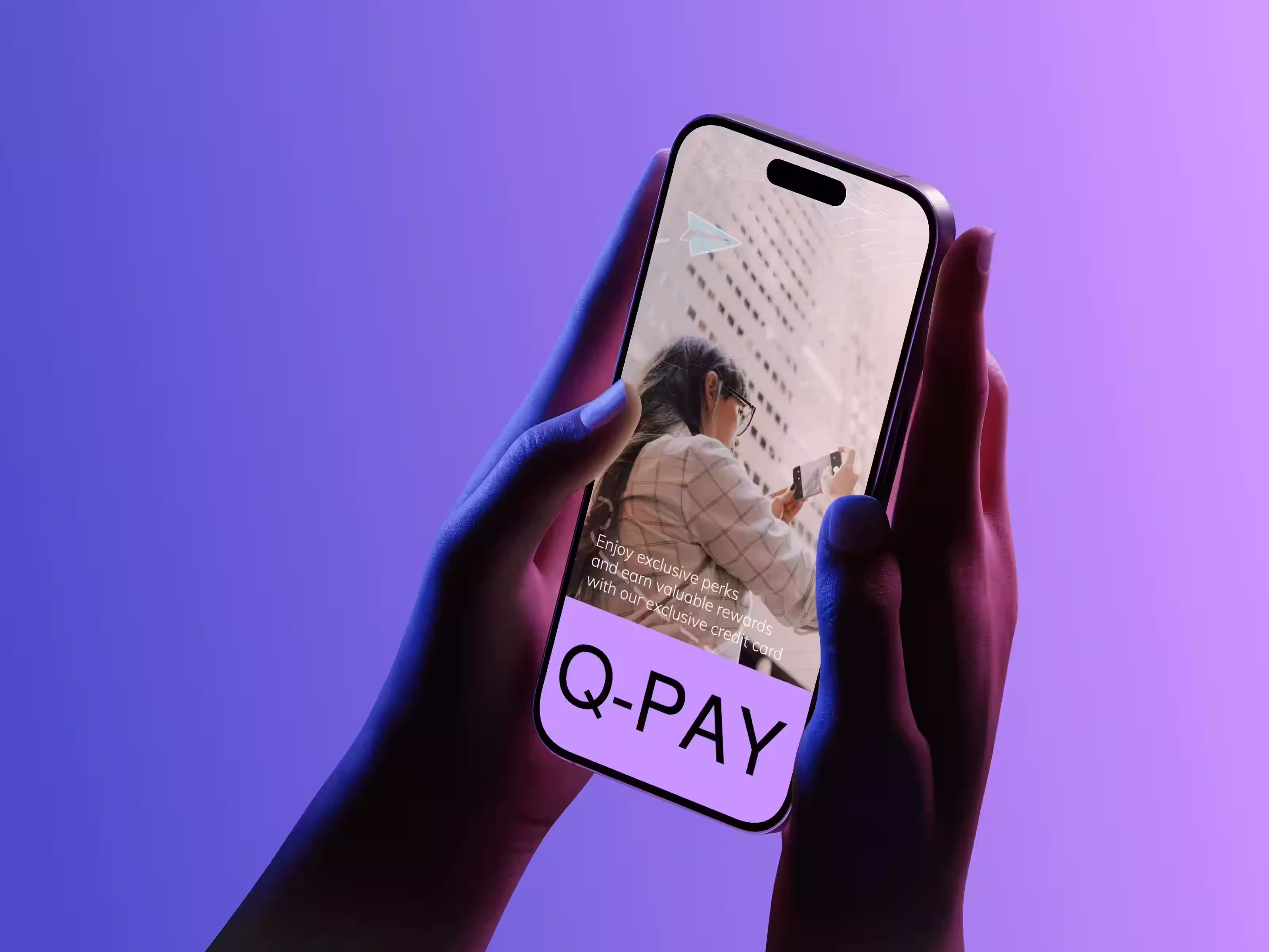 Fintech social media design by Design Policy – Smartphone mockup with Q-Pay app visual on a vibrant gradient background.