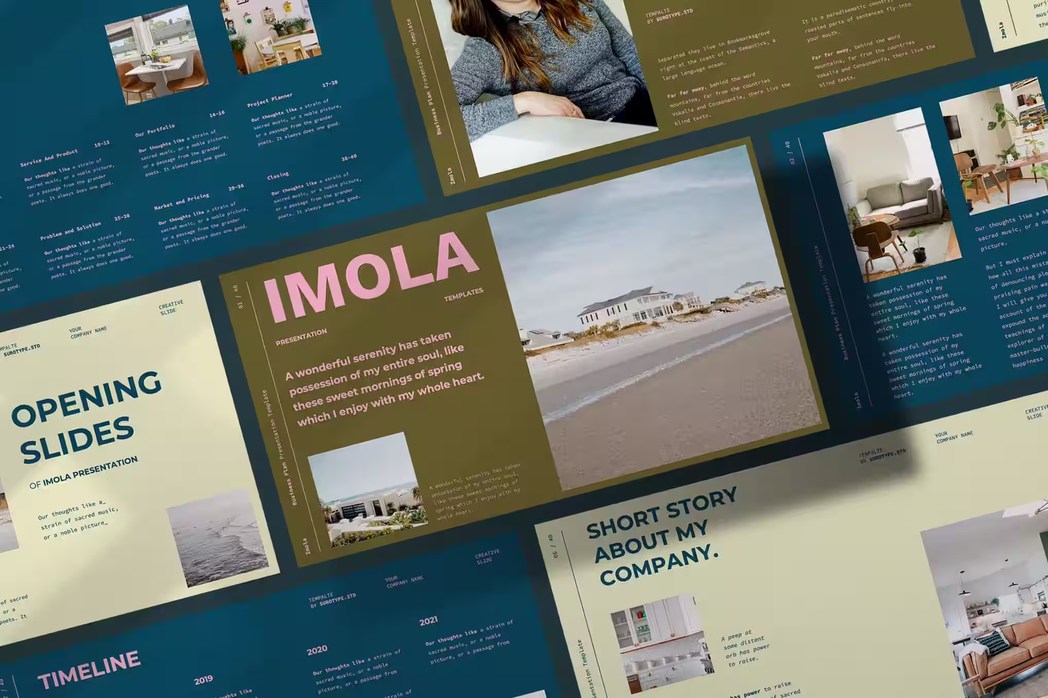 Design Policy brand guideline presentation with green and beige layouts featuring lifestyle photography and typography