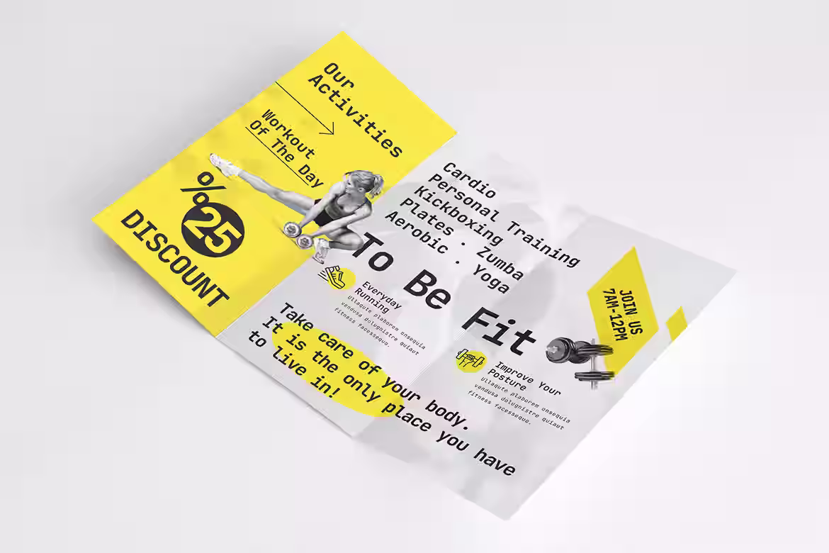 Design Policy flyer design in black, white, and yellow with bold typography promoting discount offer