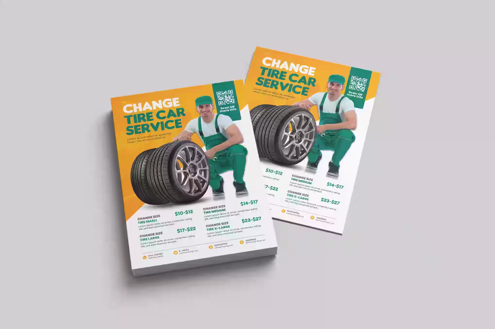 Automotive service brochure front and back design featuring bold orange accents and mechanic imagery