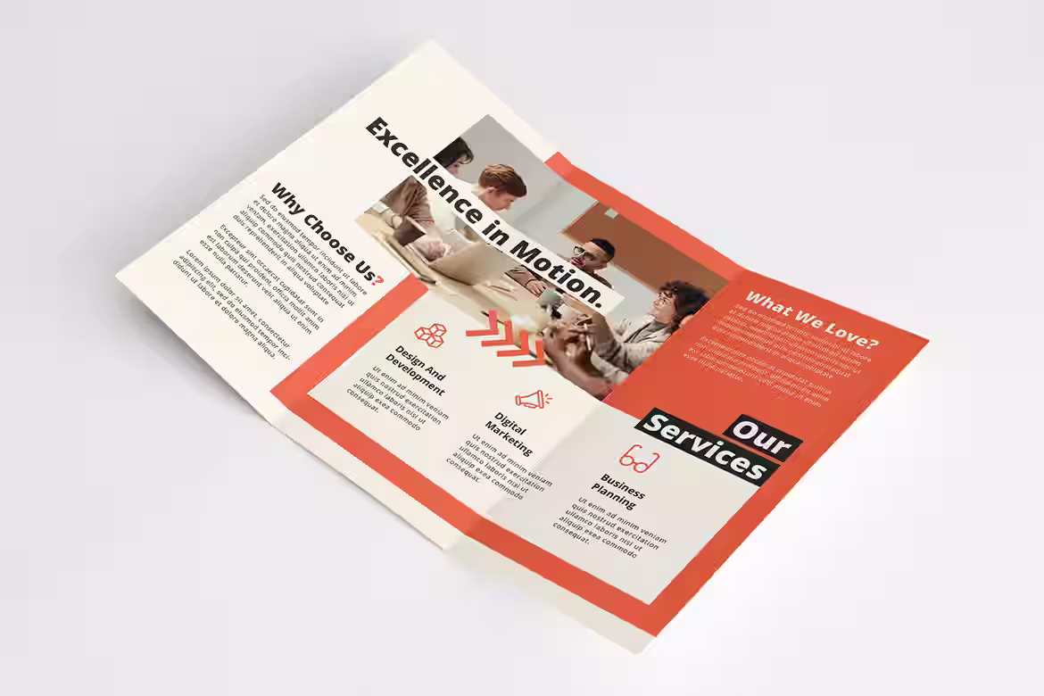 Corporate brochure design with red and white theme, featuring business team photo, service highlights, and modern layout