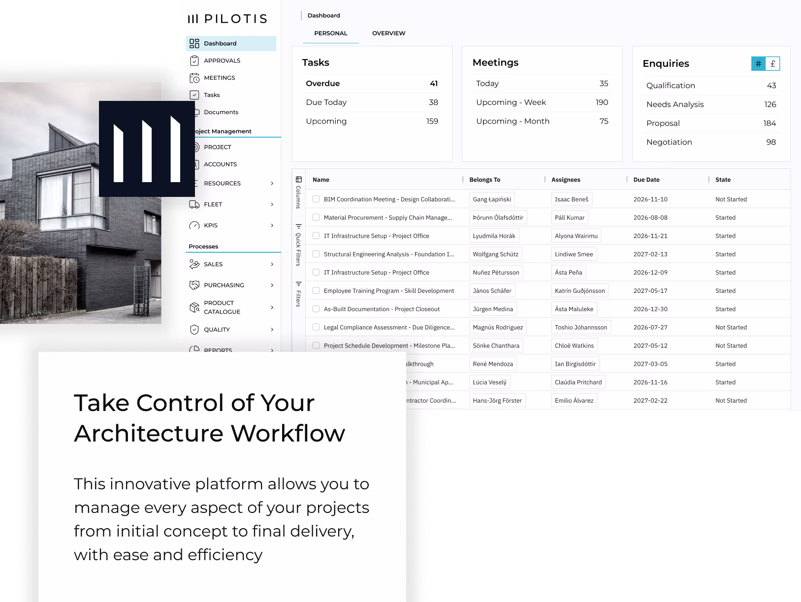 A screenshot of the Pilotis Platform Dashboard with the text: Take Control of Your Architecture Workflow, This innovative platform allows you to manage every aspect of your projects from initial concept to final delivery, with ease and efficiency